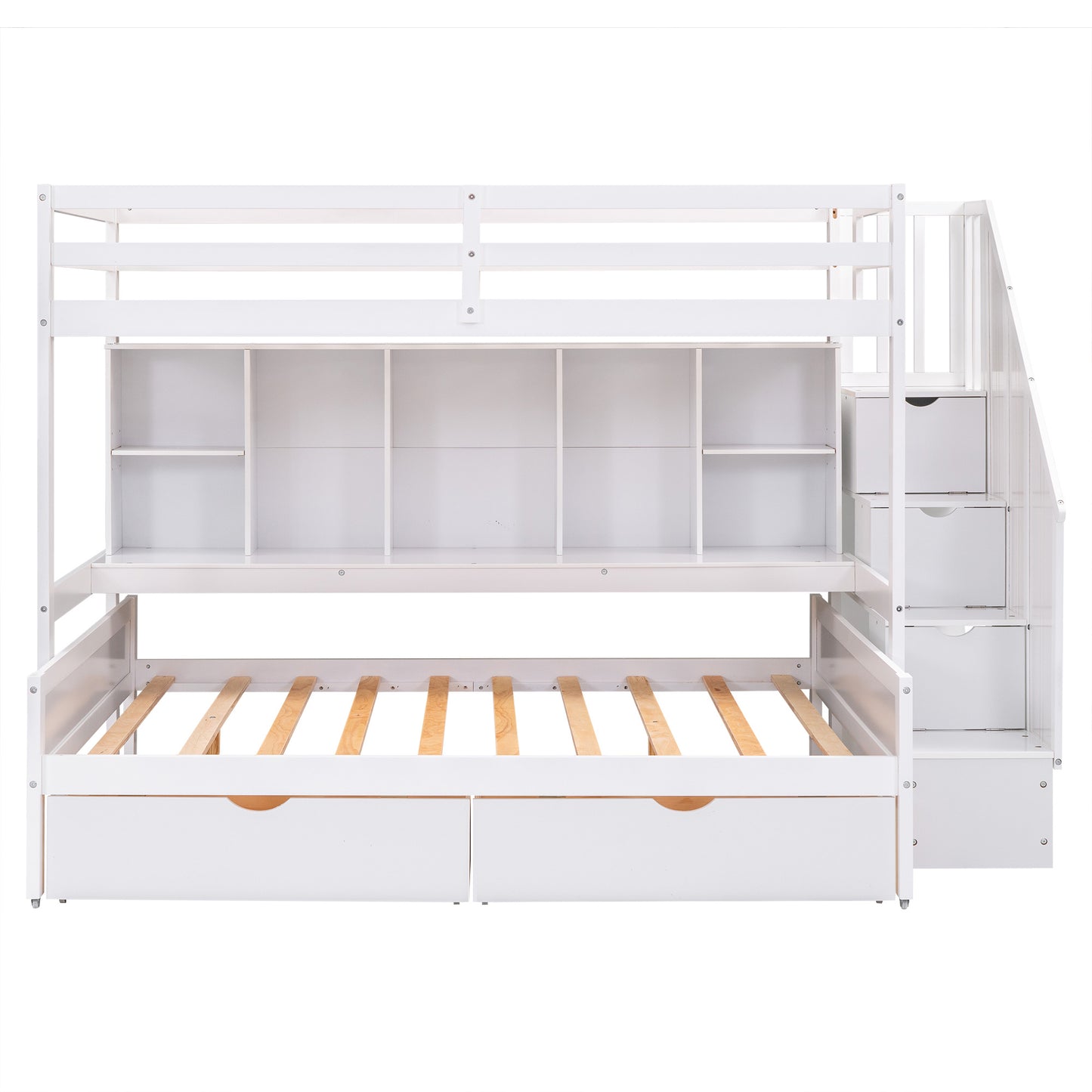 Twin XL over Full Bunk Bed with Built-in Storage Shelves;  Drawers and Staircase