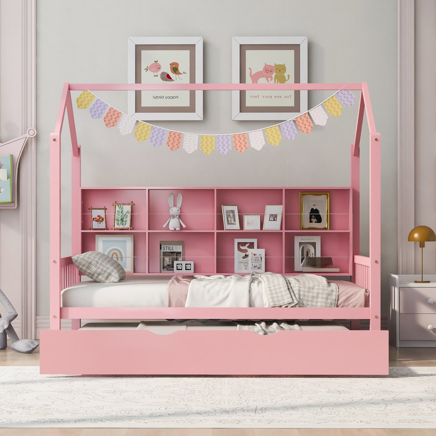 Wooden Twin Size House Bed with Trundle,Kids Bed with Shelf