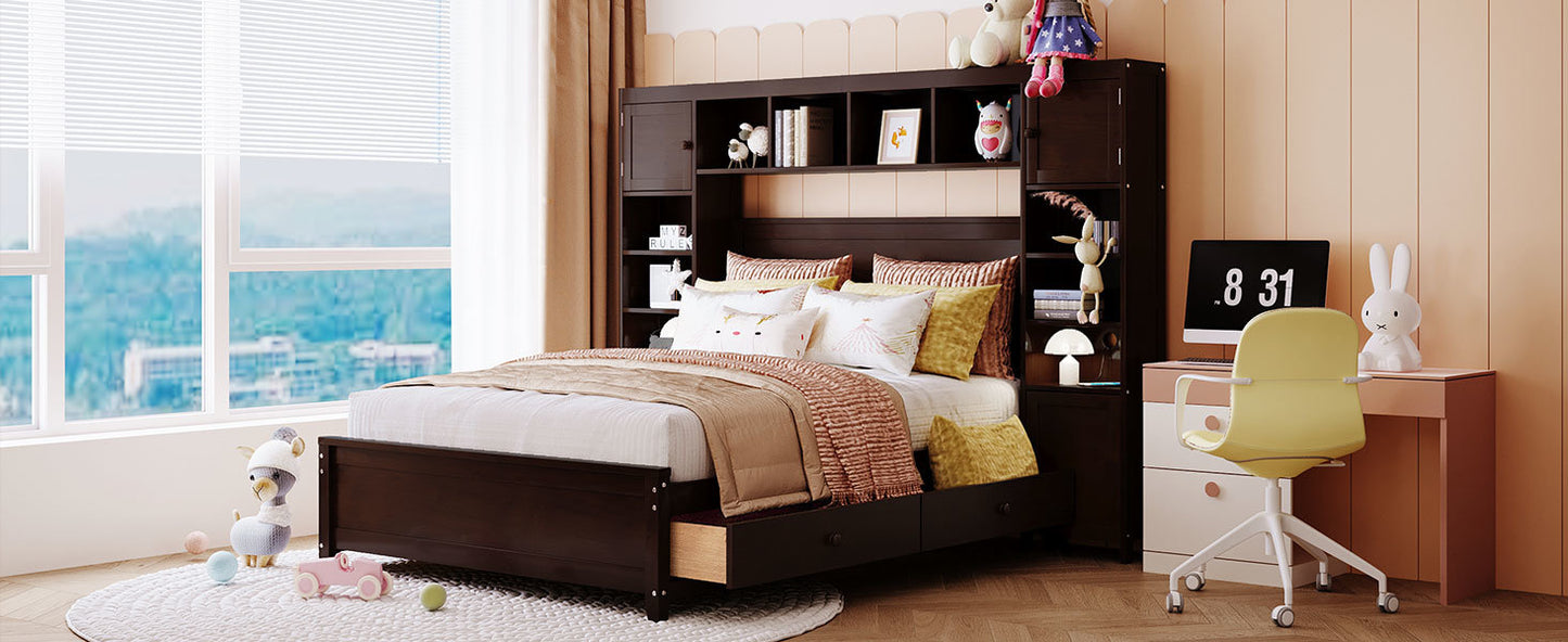 Full Size Wooden Bed With All-in-One Cabinet and Shelf