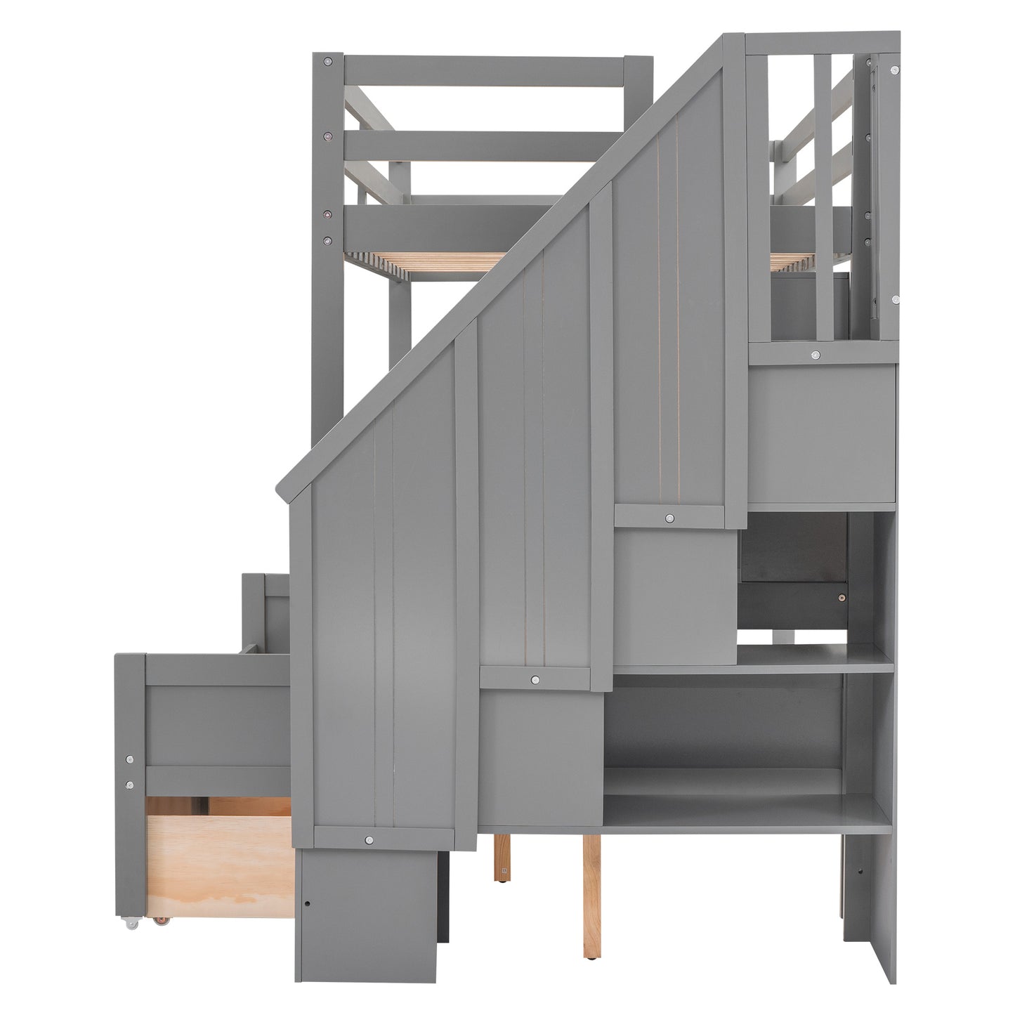 Twin XL over Full Bunk Bed with Built-in Storage Shelves;  Drawers and Staircase