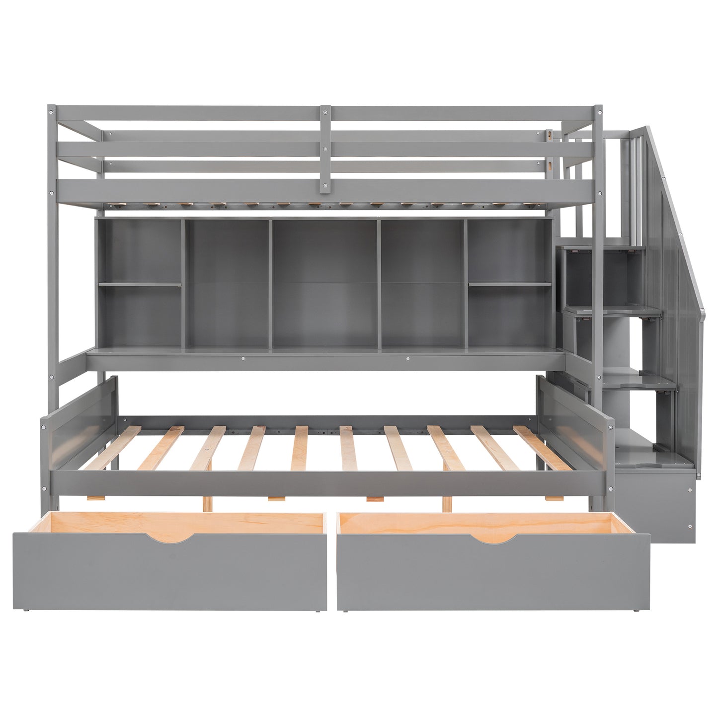 Twin XL over Full Bunk Bed with Built-in Storage Shelves;  Drawers and Staircase