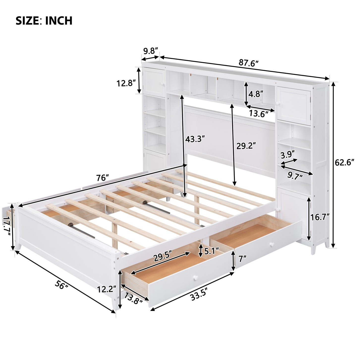 Full Size Wooden Bed With All-in-One Cabinet and Shelf