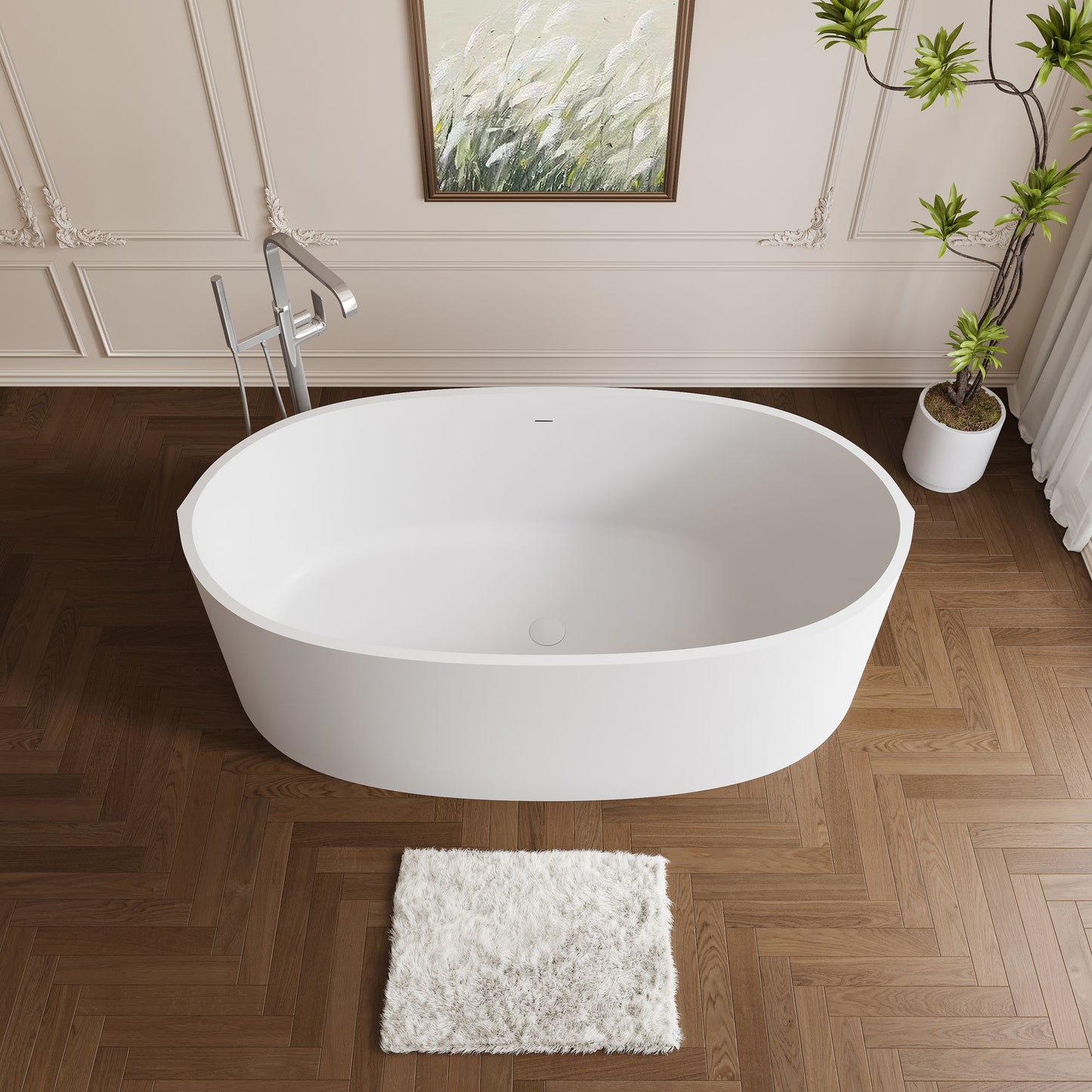 65" Freestanding Stone Resin Oval Soaking Tub with Overflow and Pop-up Drain in Matte White 24S08-65MW