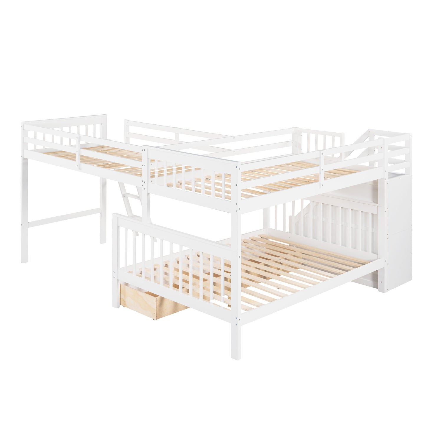 Twin over Full L-Shaped Bunk Bed With 3 Drawers, Ladder and Staircase