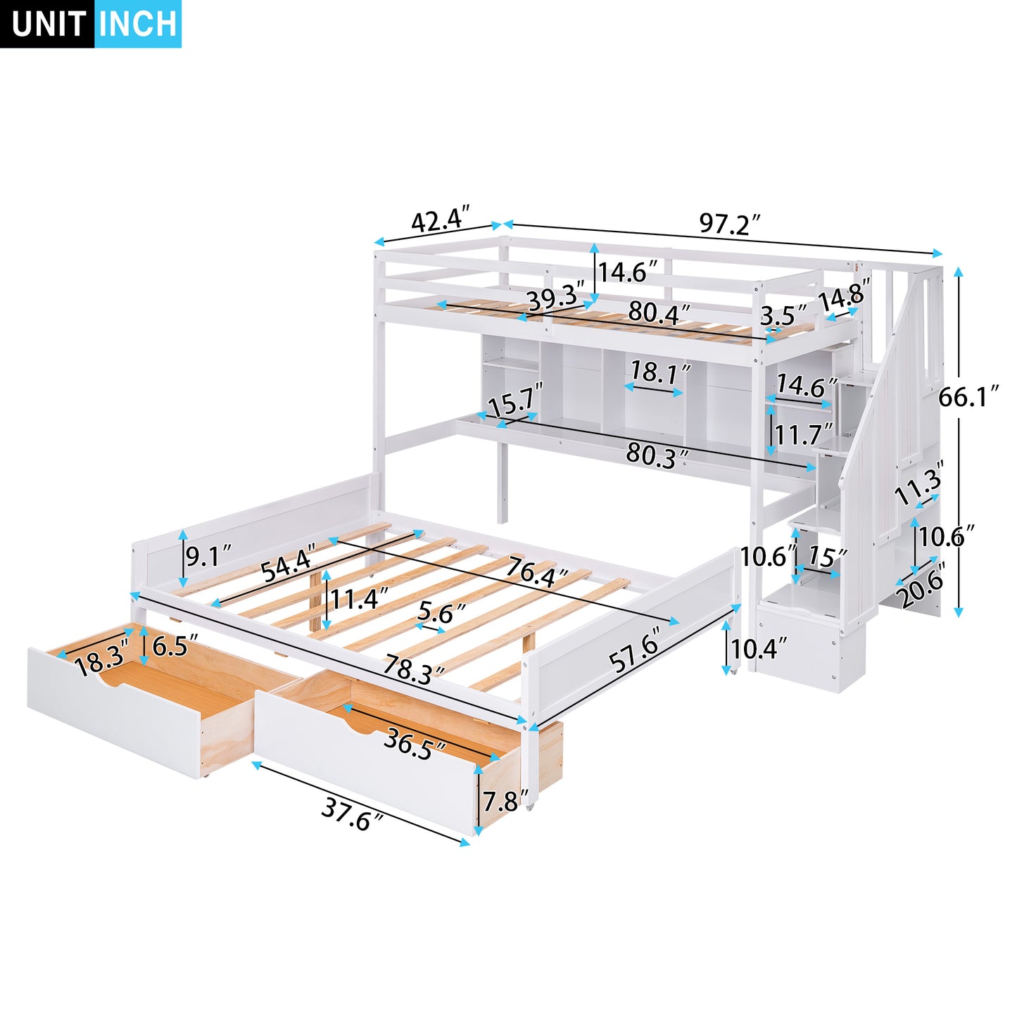 Twin XL over Full Bunk Bed with Built-in Storage Shelves;  Drawers and Staircase