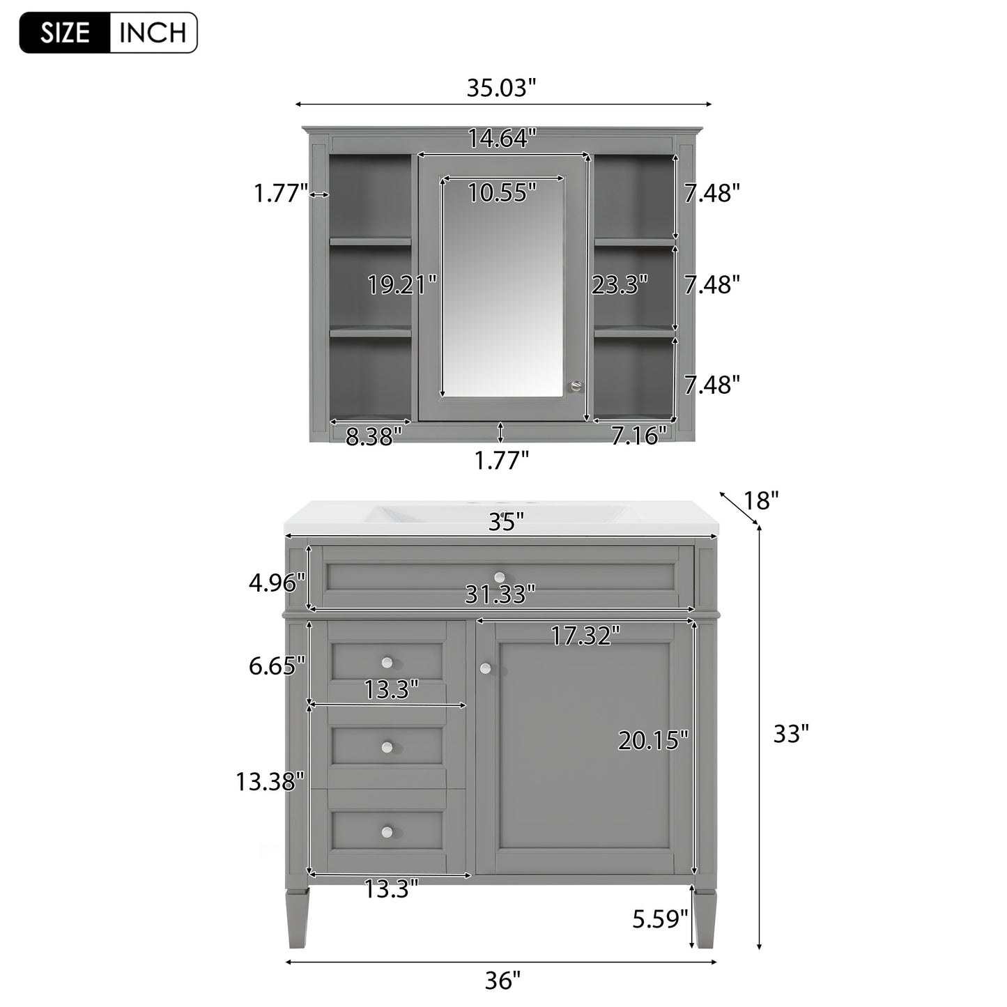 36'' Bathroom Vanity with Medicine Cabinet, Royal Blue Mirror Cabinet, Modern Bathroom Storage Cabinet with 2 Soft Closing Doors and 4 Drawers, Single Sink Bathroom Vanity - Divine Heart L.A.