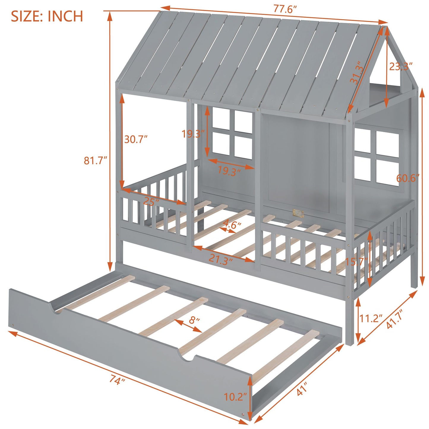 Twin Size Wood House Bed With Twin Size Trundle