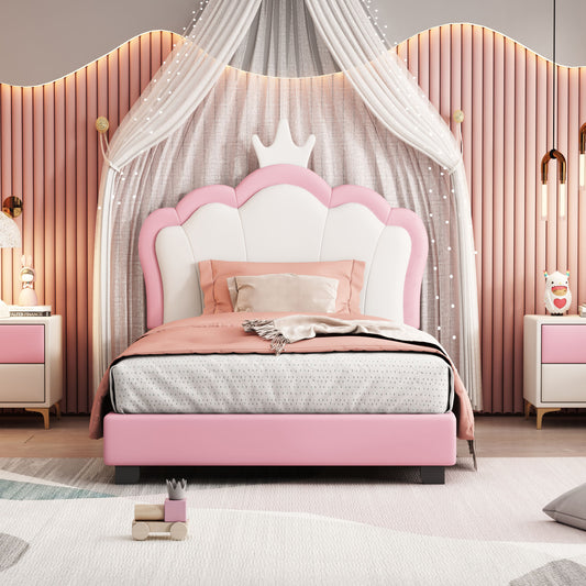 Twin size Upholstered Princess Bed With Crown Headboard,Full Size Platform Bed with Headboard and Footboard,White+Pink