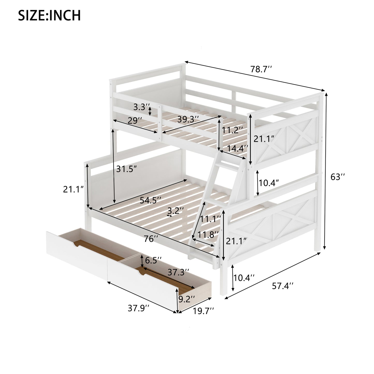 Twin over Full Bunk Bed with Ladder, Two Storage Drawers, Safety Guardrail, White