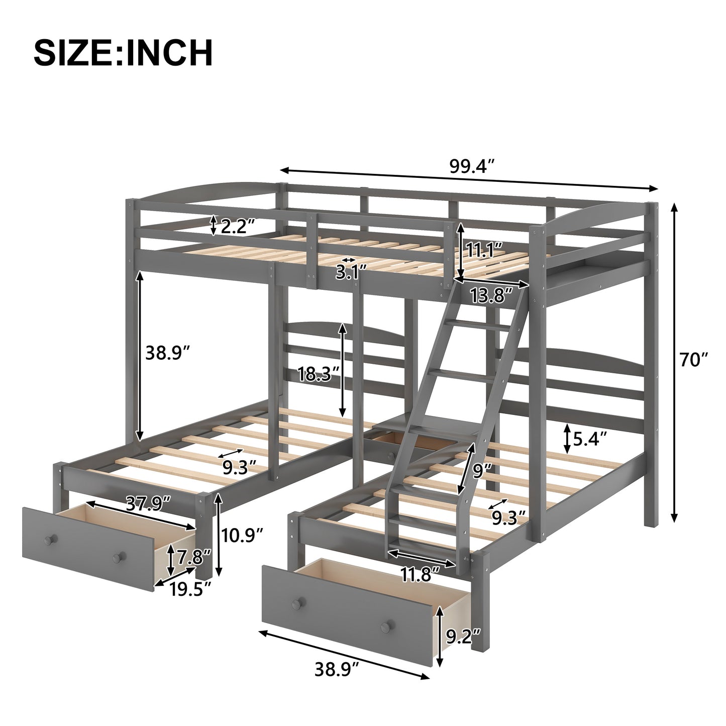 Full over Twin & Twin Bunk Bed,Triple Bunk Bed with Drawers