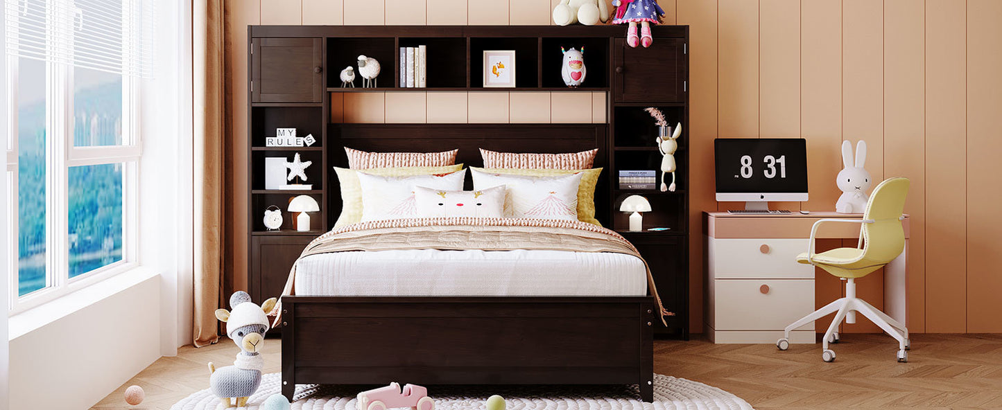 Full Size Wooden Bed With All-in-One Cabinet and Shelf