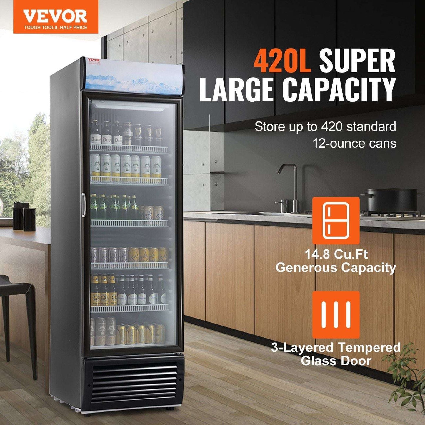 VEVOR Commercial Merchandiser, 14.8 Cu.Ft / 420L Beverage Refrigerator