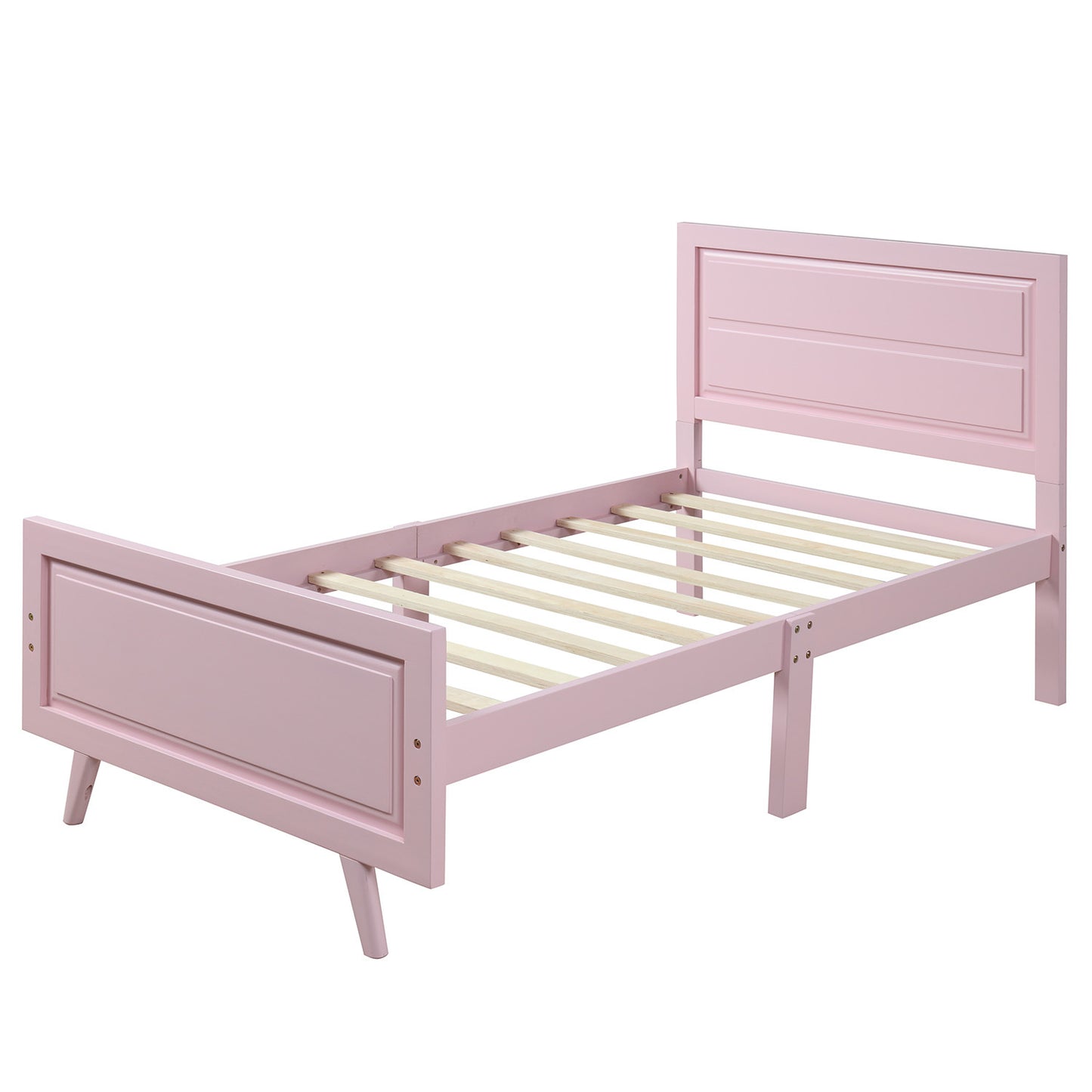 Wood Platform Bed Twin Bed Frame Mattress Foundation with Headboard and Wood Slat Support (Pink)