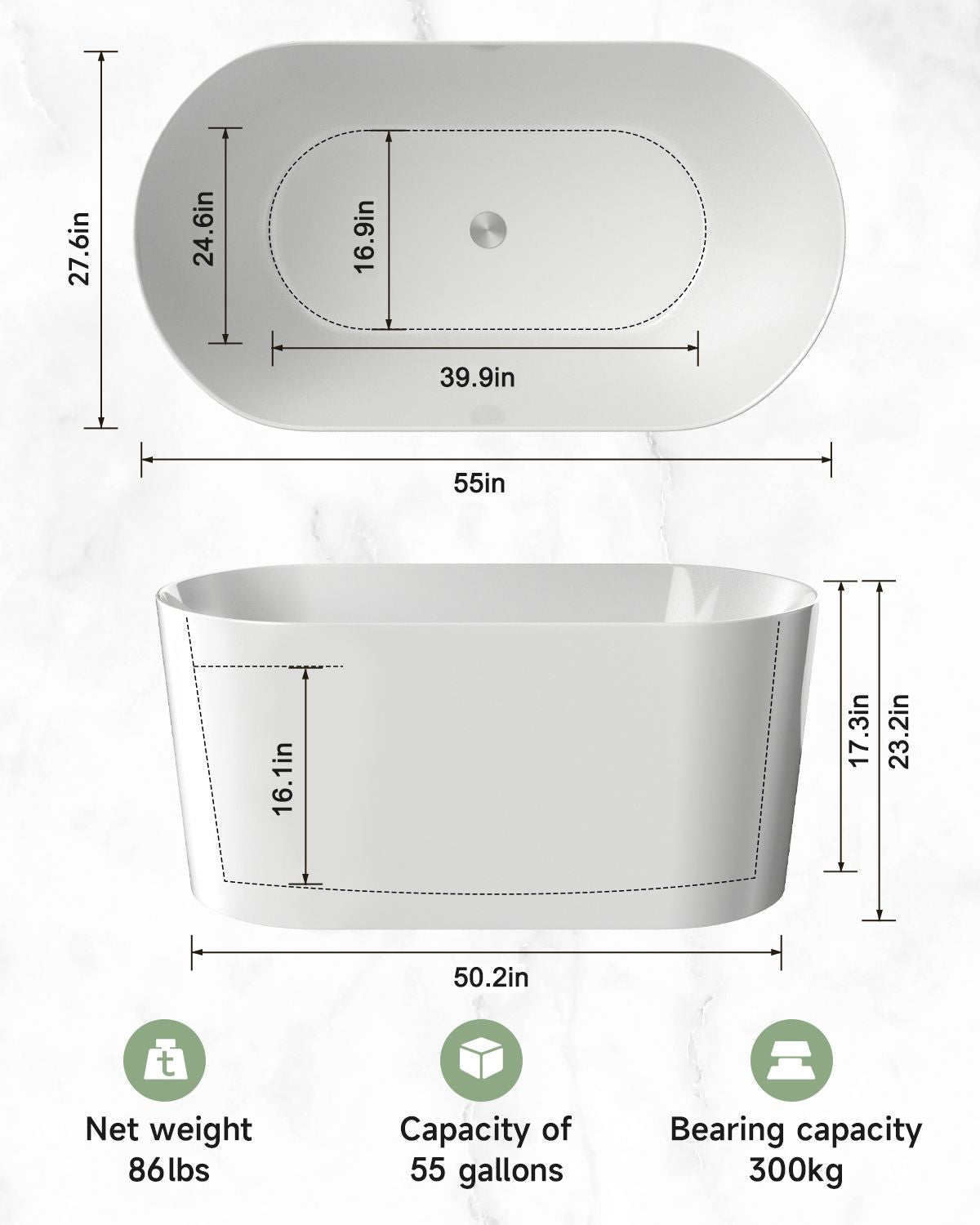 55" Acrylic Freestanding Oval Acrylic Soaking Tub with Chrome Overflow and Pop Up Drain