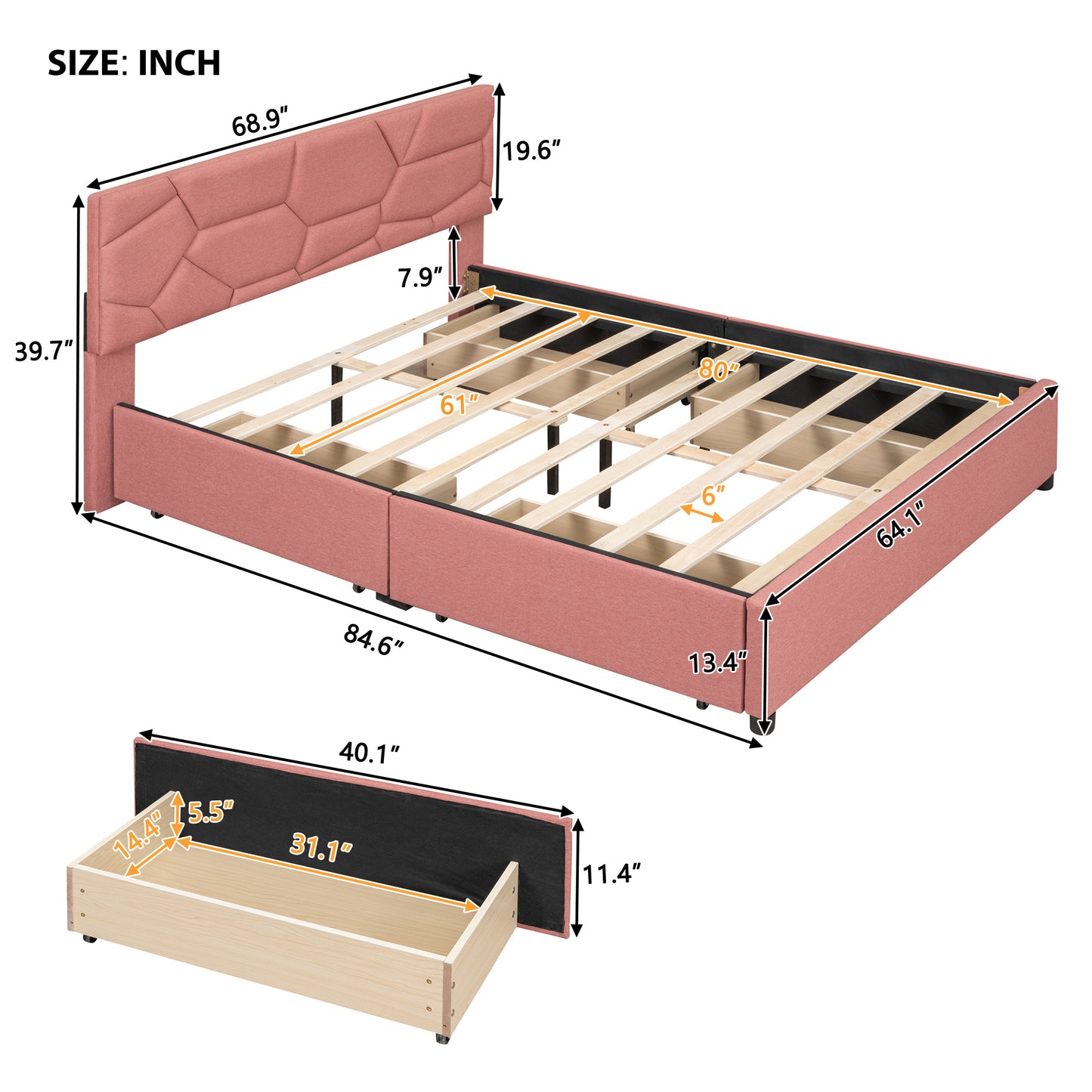 Queen Size Upholstered Platform Bed with Brick Pattern Headboard and 4 Drawers, Linen Fabric, Pink