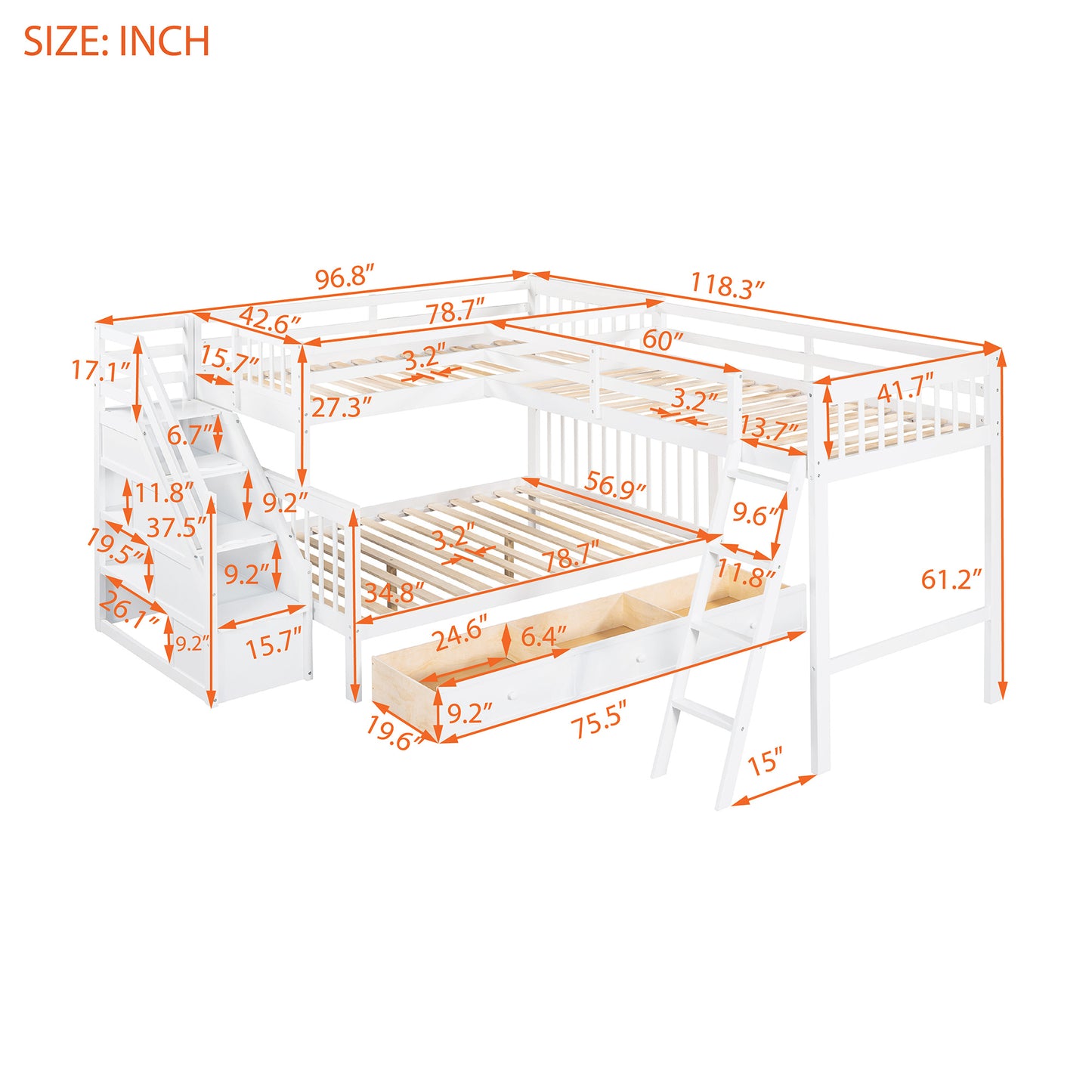 Twin over Full L-Shaped Bunk Bed With 3 Drawers, Ladder and Staircase