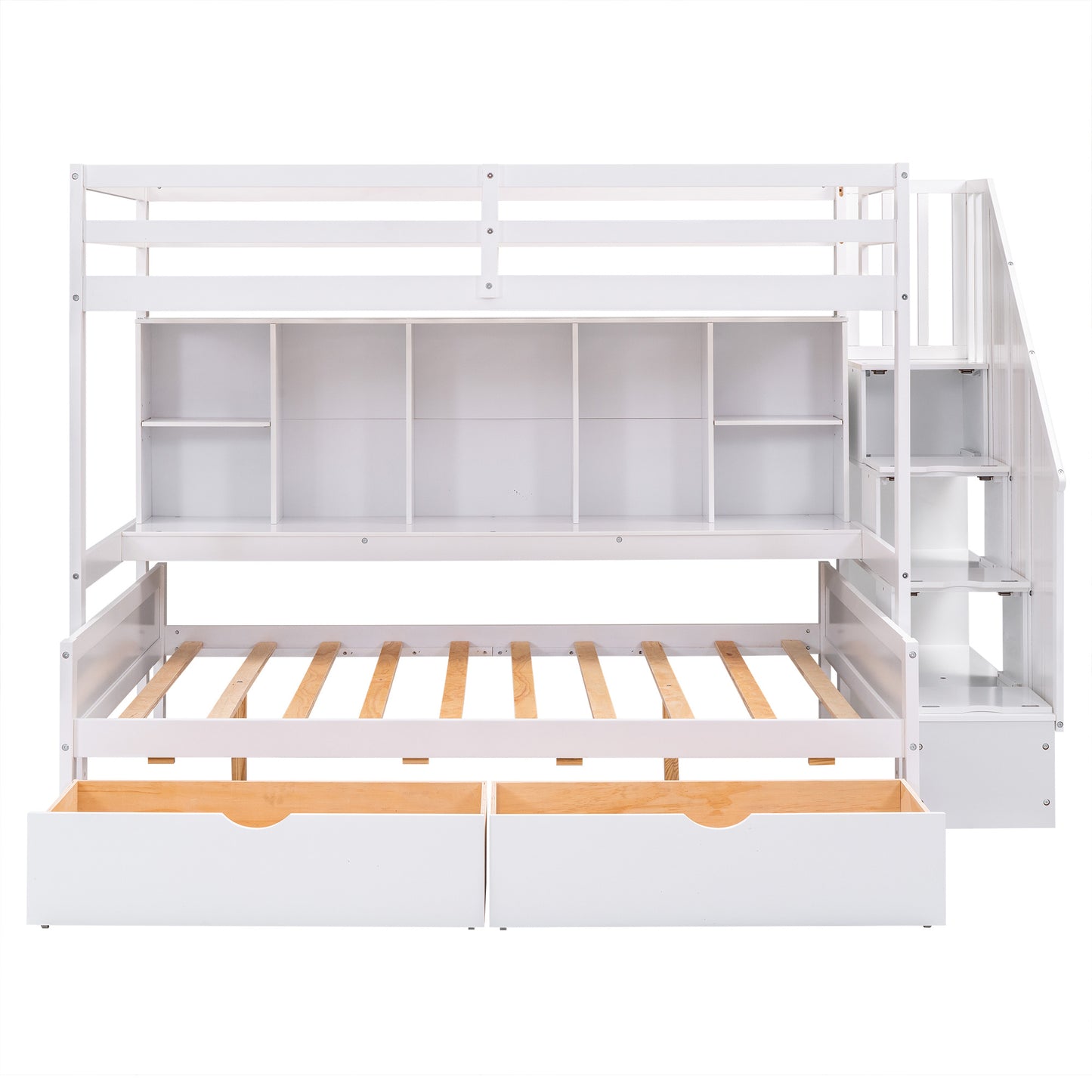 Twin XL over Full Bunk Bed with Built-in Storage Shelves;  Drawers and Staircase