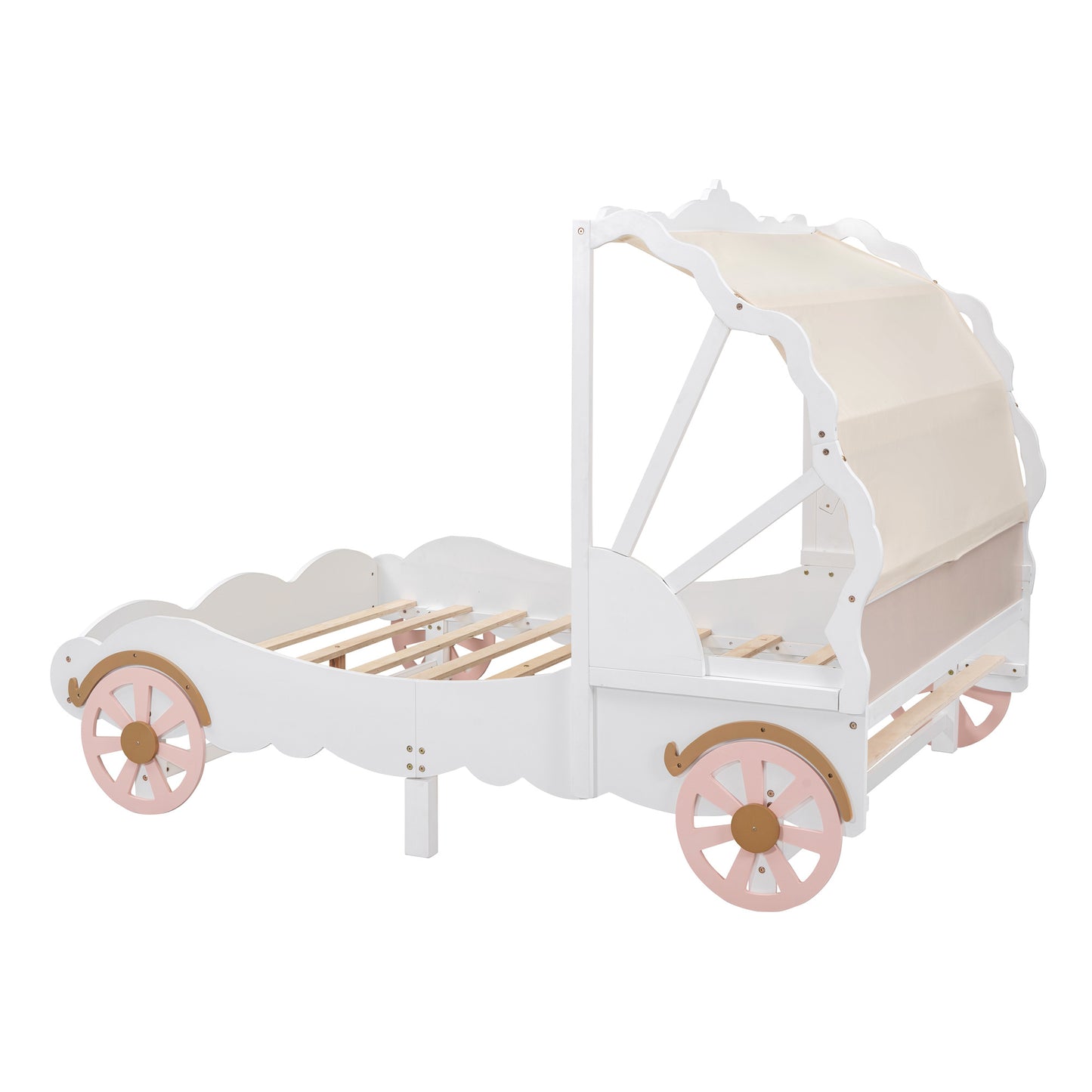 Full Size Princess Carriage Bed with Canopy, Wood Platform Car Bed with 3D Carving Pattern, White+Pink+Gold