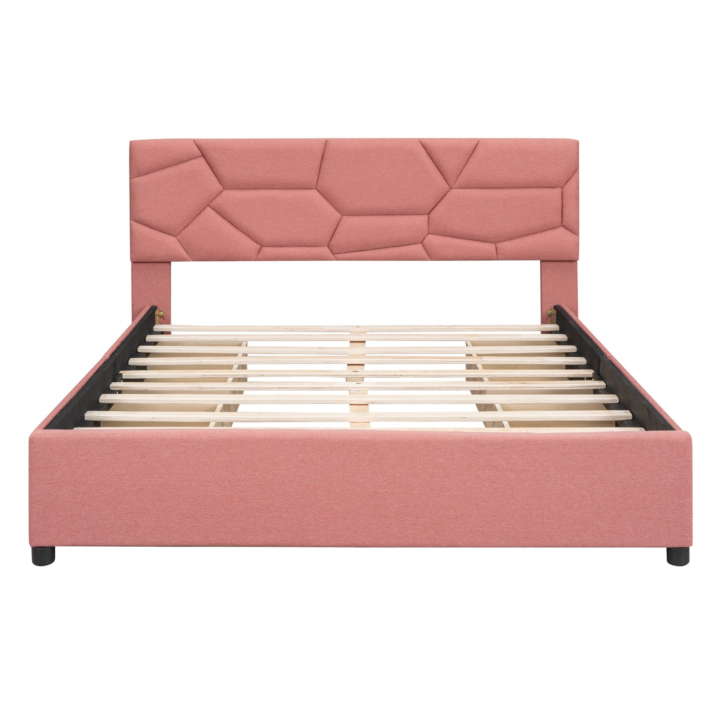 Queen Size Upholstered Platform Bed with Brick Pattern Headboard and 4 Drawers, Linen Fabric, Pink