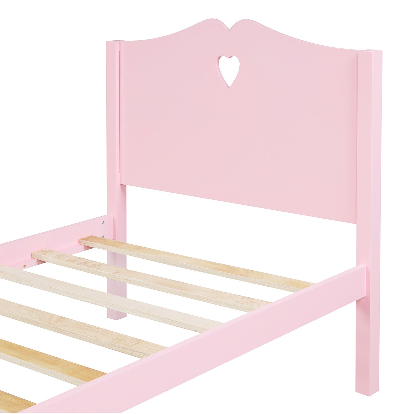 Twin Size Wood Platform Bed with Headboard; Footboard and Wood Slat Support (Pink)