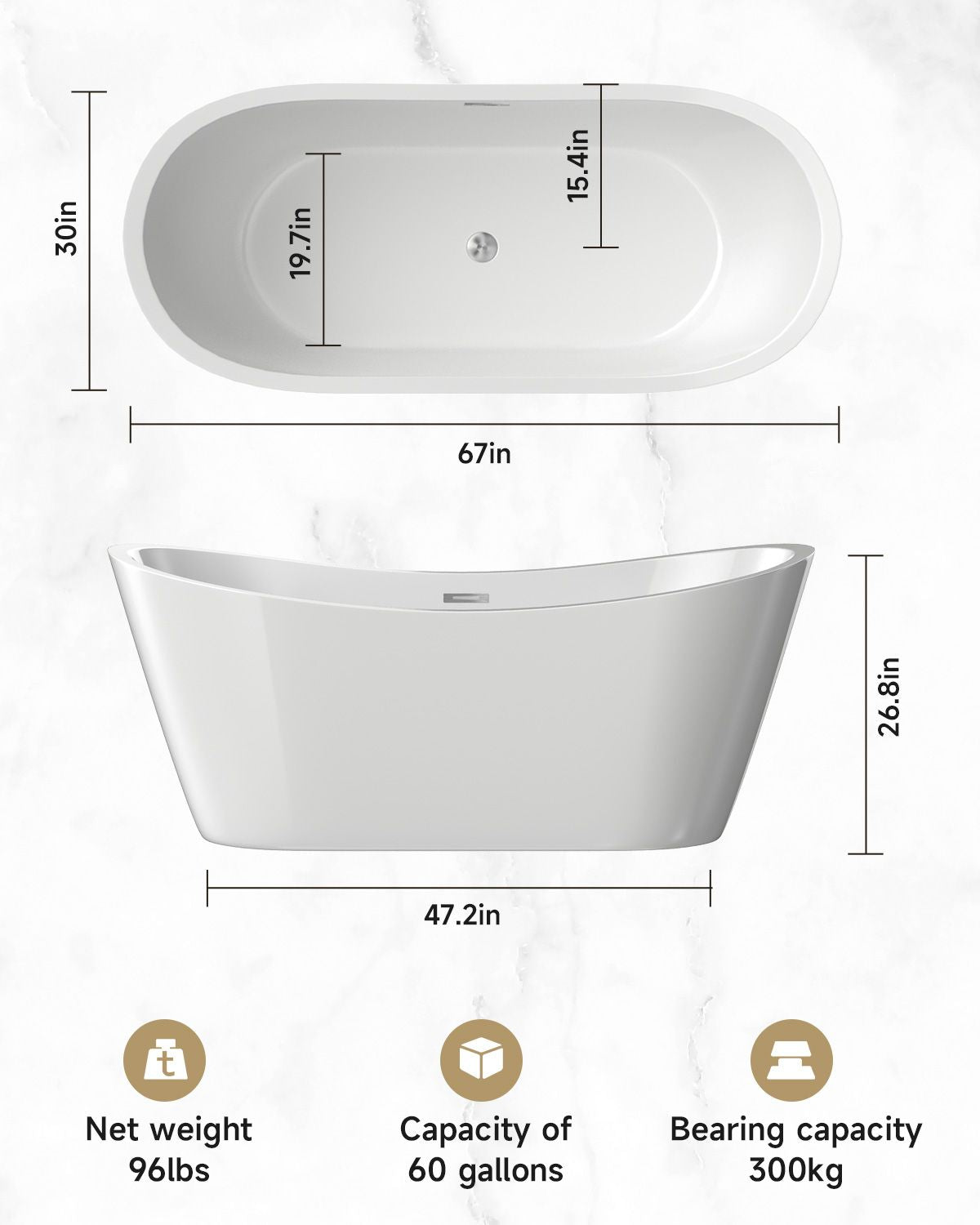 67" Acrylic Freestanding Soaking Tub with Chrome Overflow and Pop Up Drain