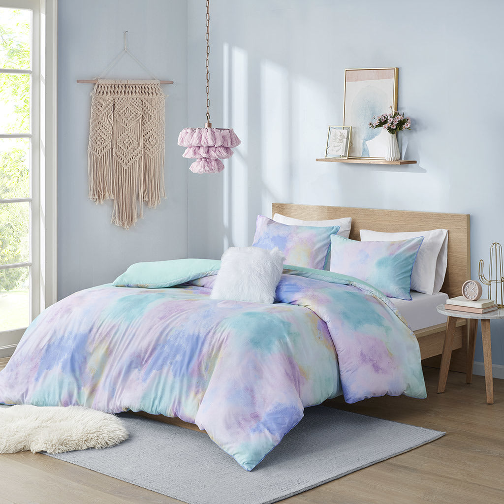 Cassie Watercolor Tie Dye Duvet Cover Set with Throw Pillow