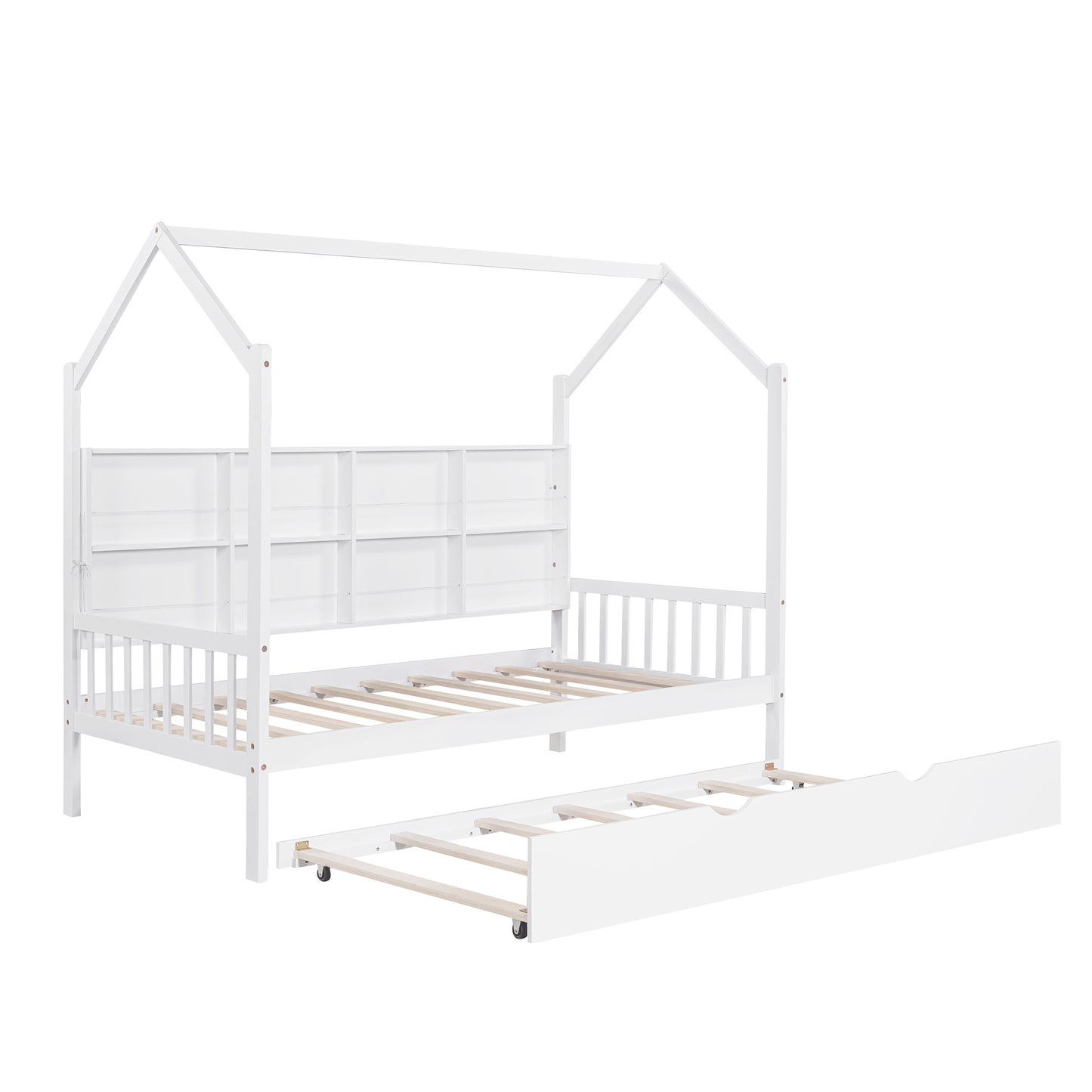 Wooden Twin Size House Bed with Trundle,Kids Bed with Shelf