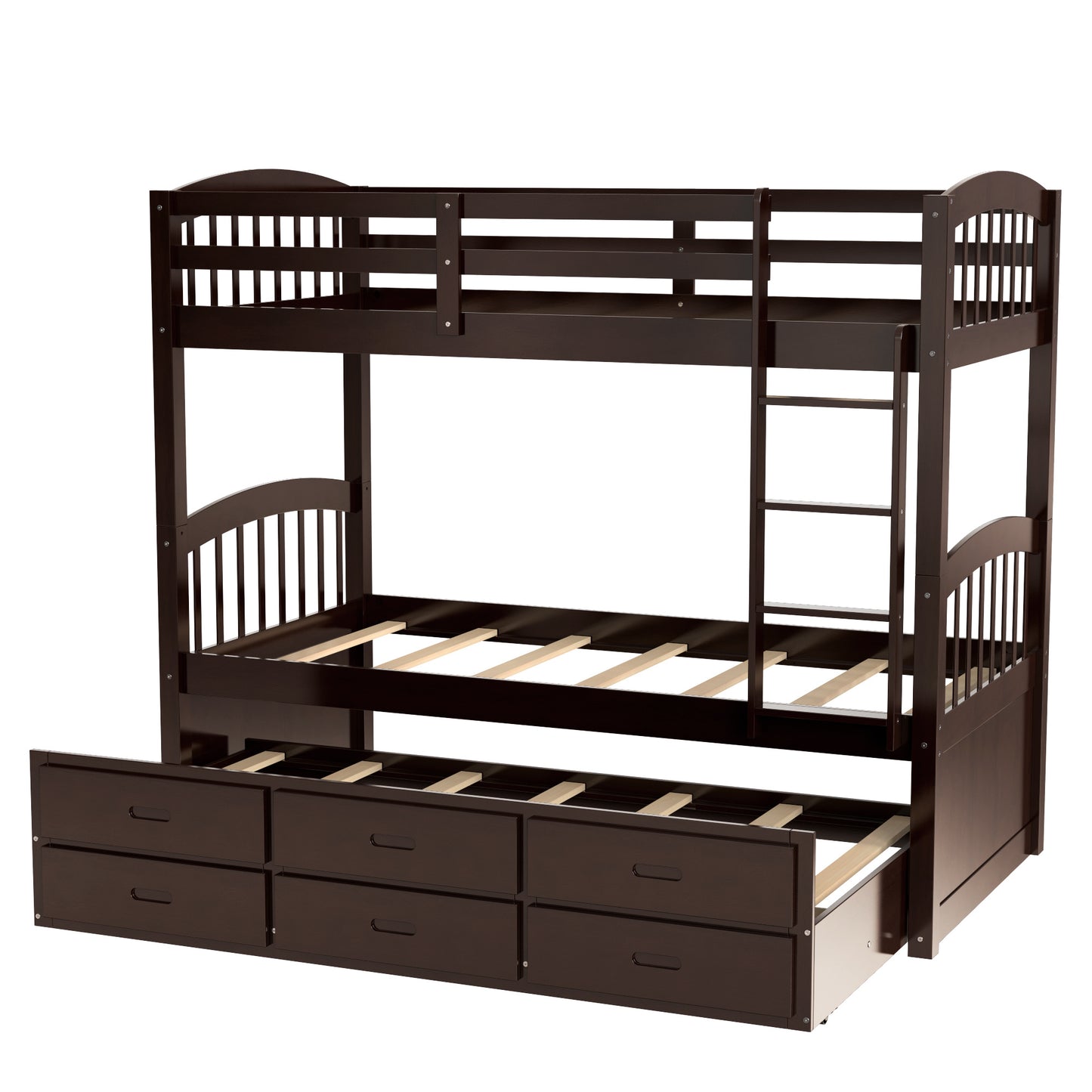 Twin over Twin Wood Bunk Bed with Trundle and Drawers,White