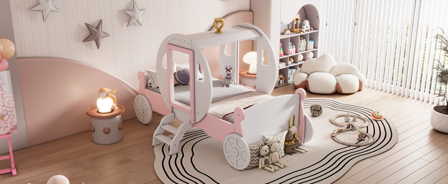 Twin size Princess Carriage Bed with Crown ,Wood Platform Car Bed with Stair,White+Pink