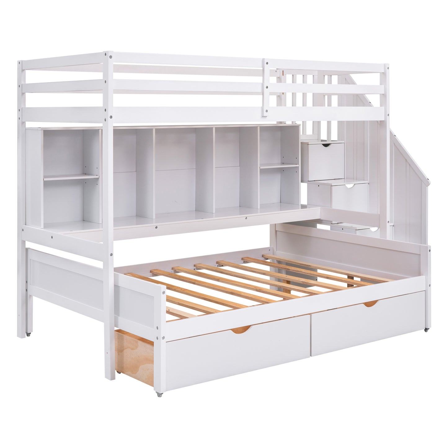 Twin XL over Full Bunk Bed with Built-in Storage Shelves;  Drawers and Staircase