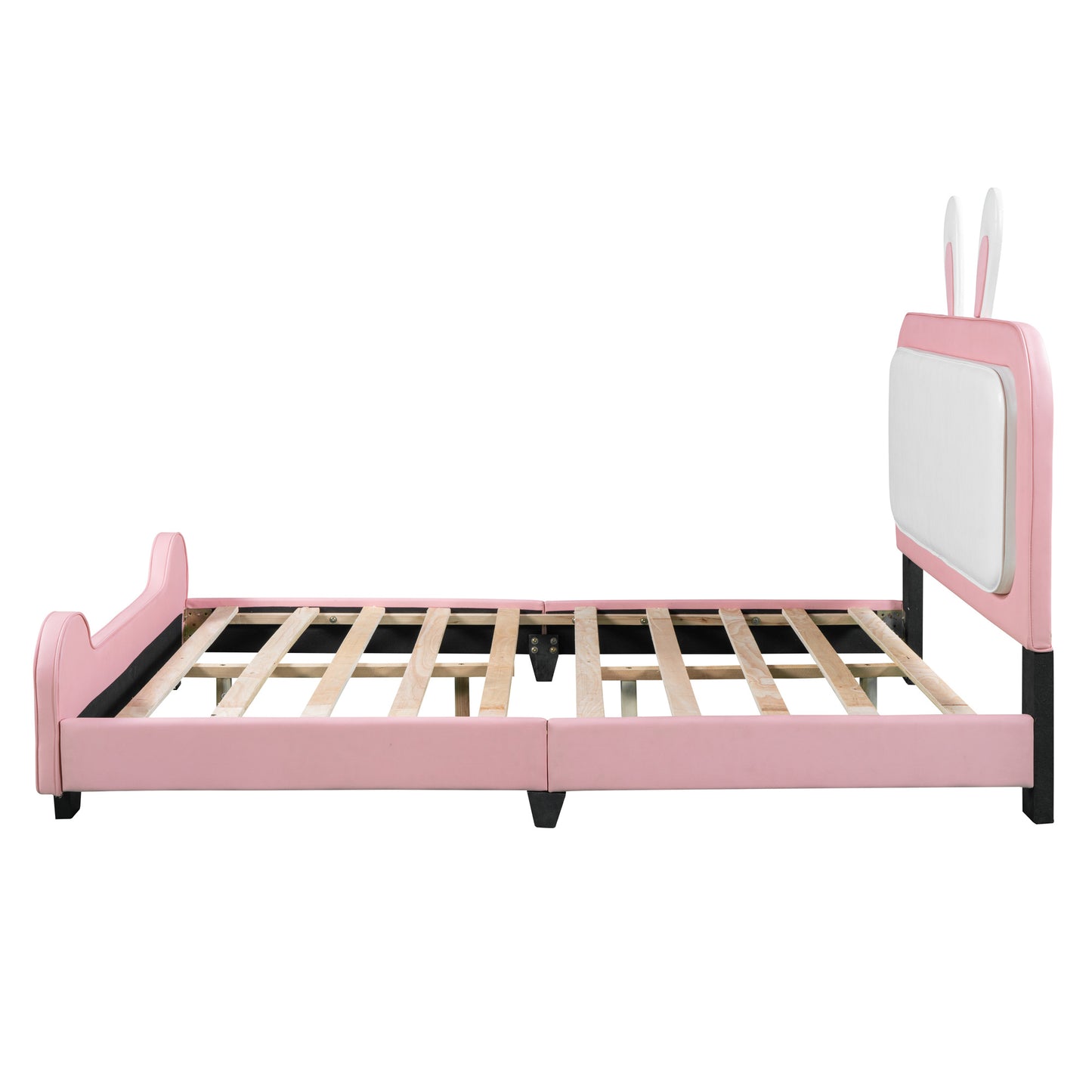 Full size Upholstered Rabbit-Shape Princess Bed ,Full Size Platform Bed with Headboard and Footboard,White+Pink