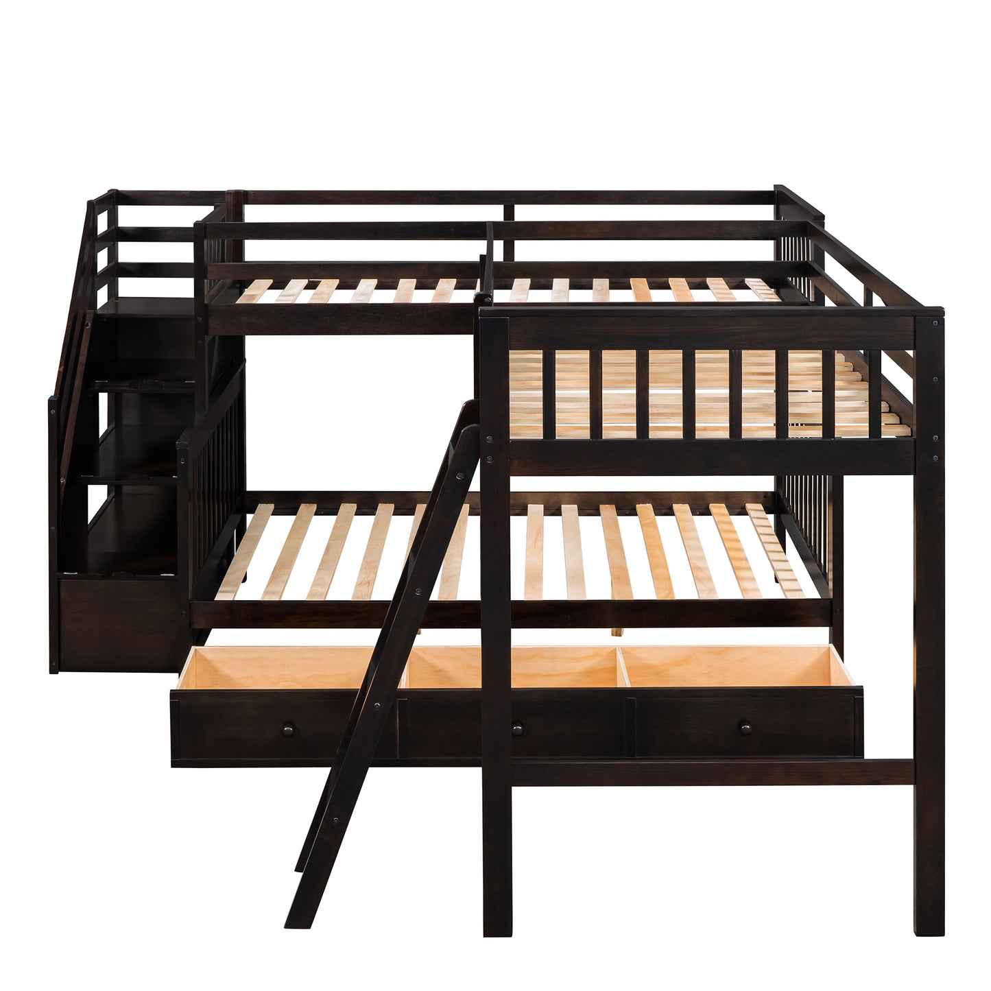 Twin over Full L-Shaped Bunk Bed With 3 Drawers, Ladder and Staircase