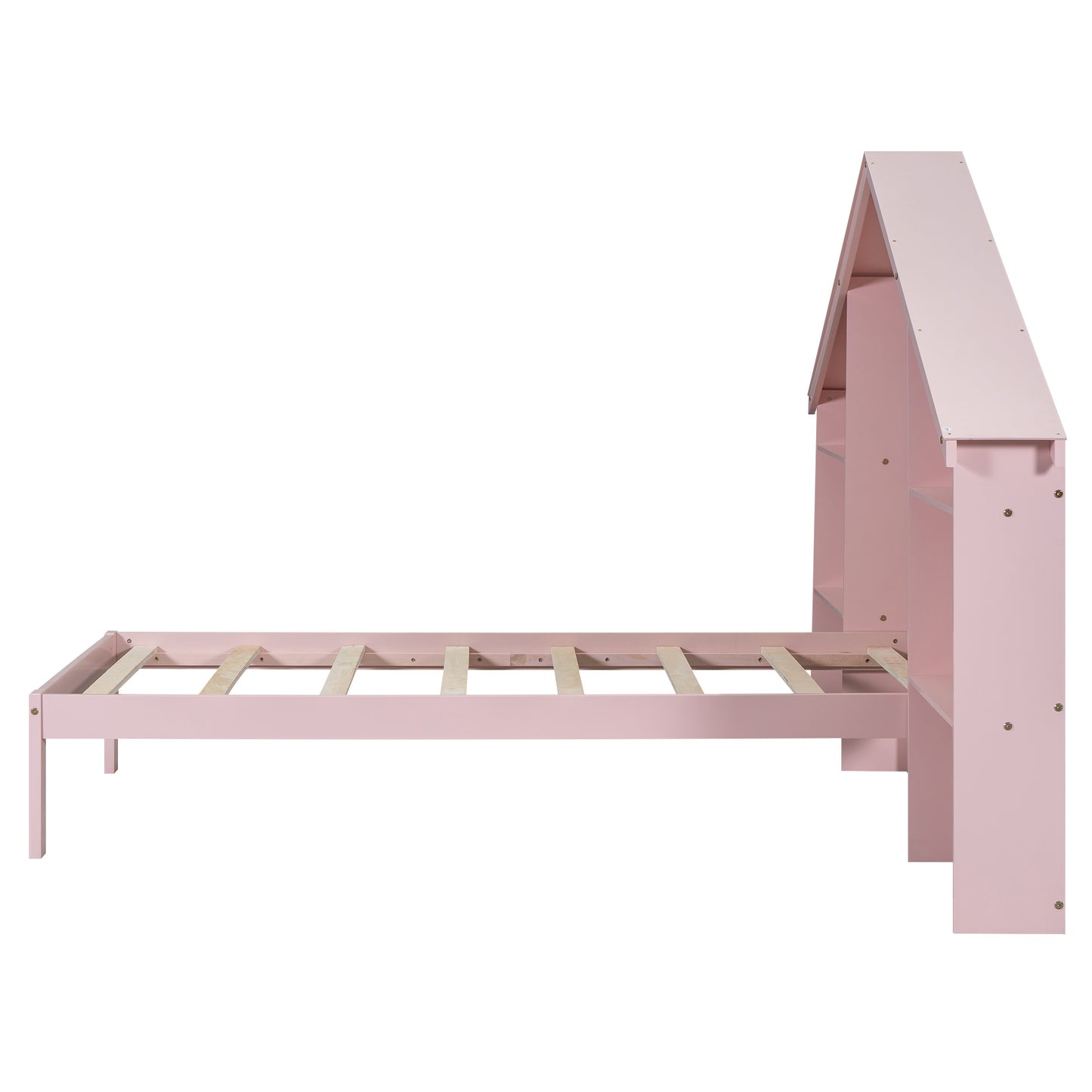 Wood Twin Size Platform Bed with House-shaped Storage Headboard and Built-in LED, Pink