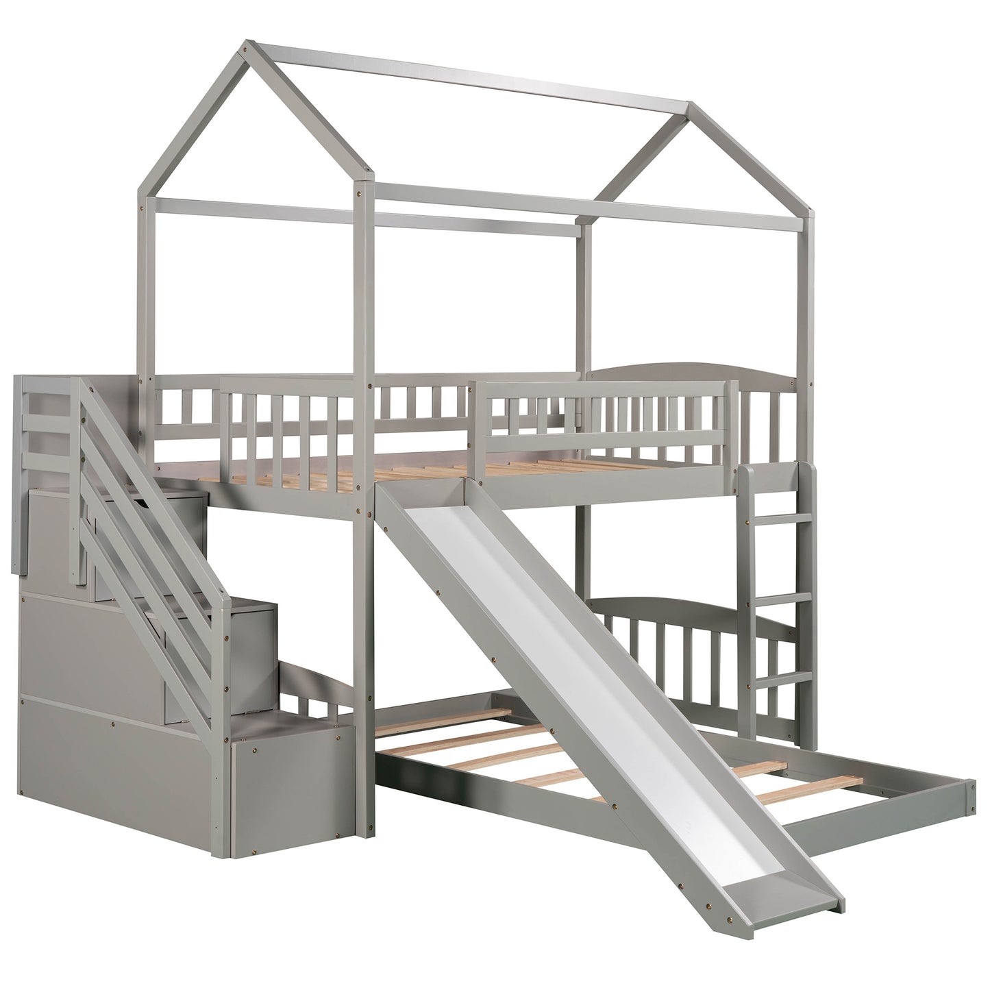 Twin Over Twin Bunk Bed with Two Drawers and Slide, House Bed with Slide