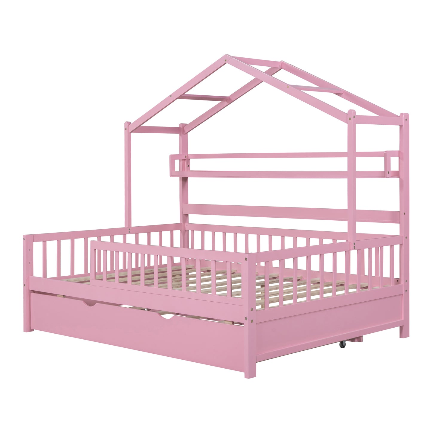 Wooden Full Size House Bed with Twin Size Trundle,Kids Bed with Shelf