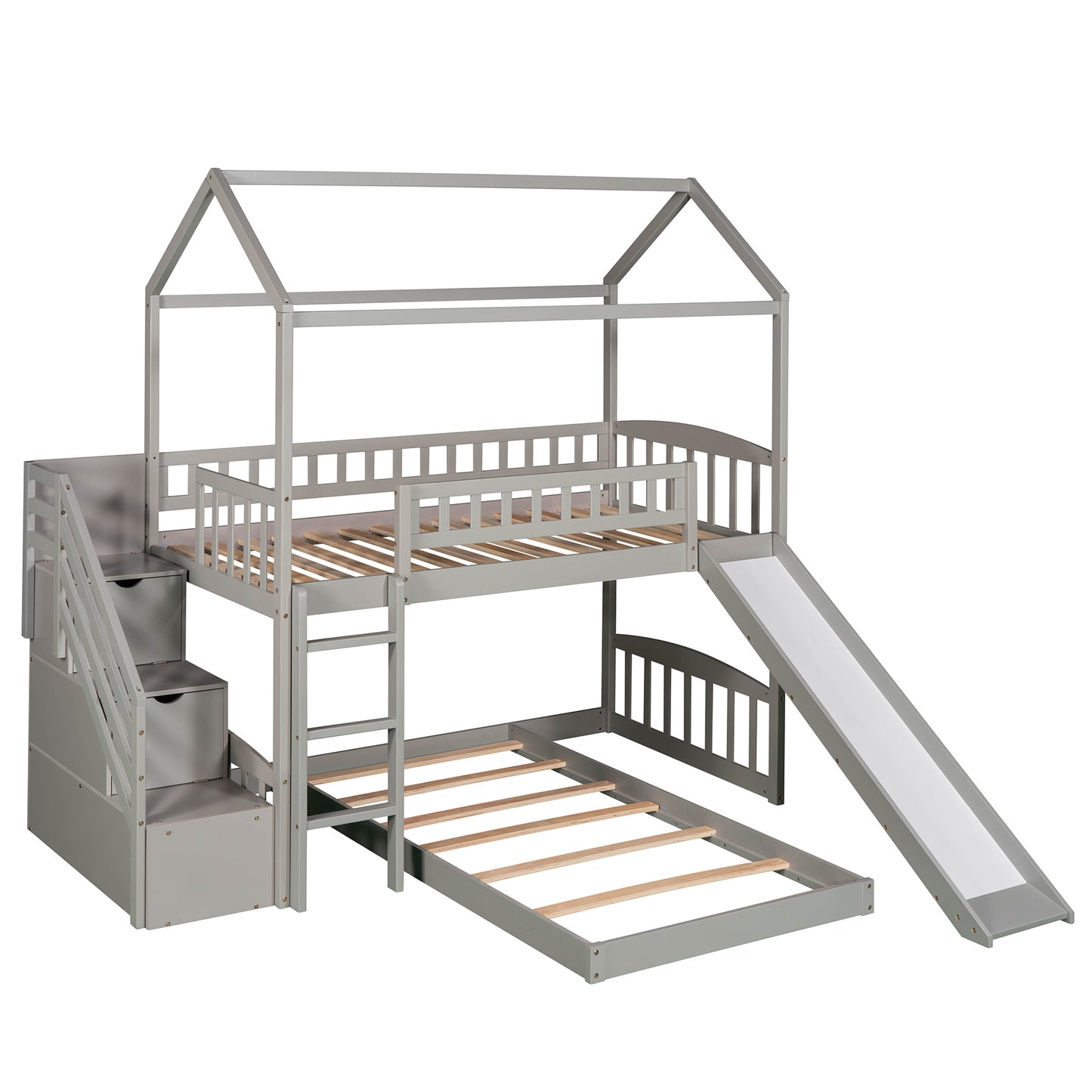 Twin Over Twin Bunk Bed with Two Drawers and Slide, House Bed with Slide