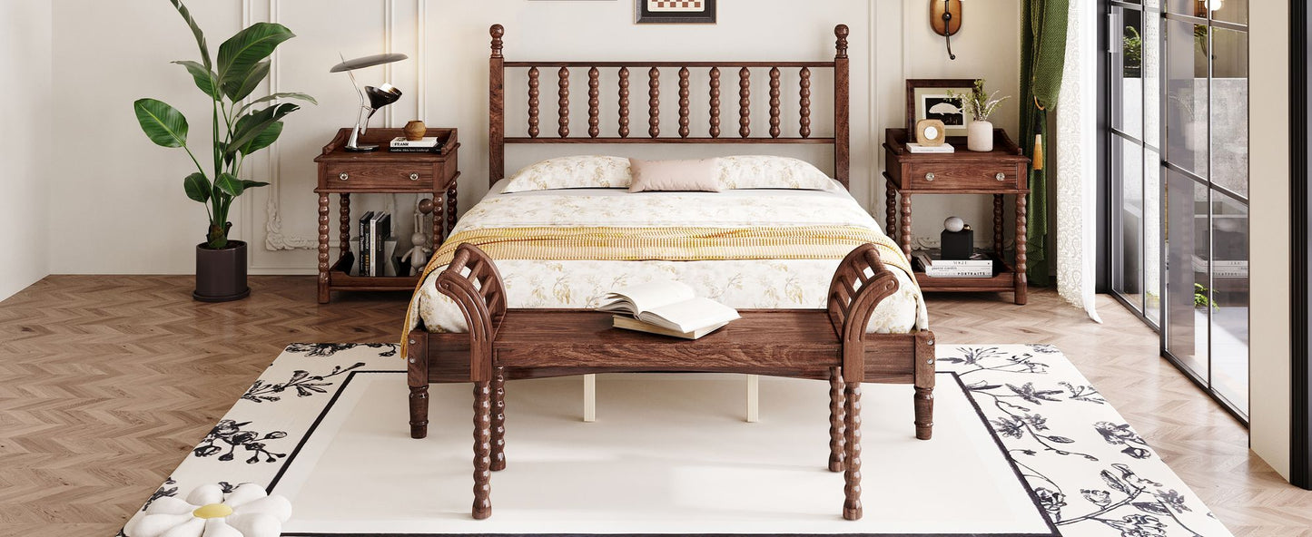 4 Pc. Queen Platform Bedroom Suite with Gourd Shaped Headboard, Storage Nightstand and Bench with Turned Legs in Walnut