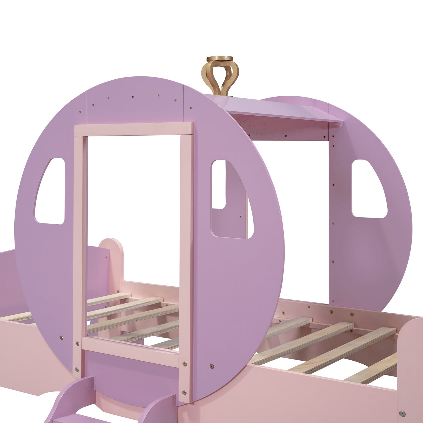 Twin size Princess Carriage Bed with Crown,Wood Platform Car Bed with Stair,Purple+Pink