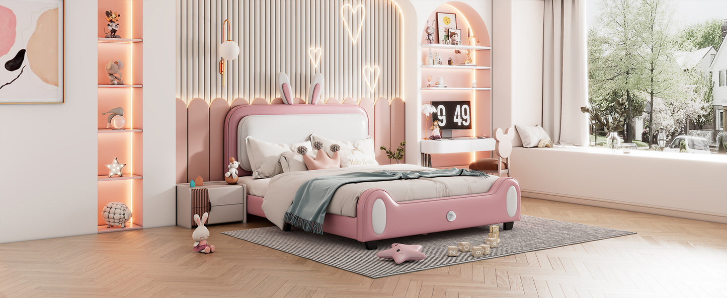 Full size Upholstered Rabbit-Shape Princess Bed ,Full Size Platform Bed with Headboard and Footboard,White+Pink