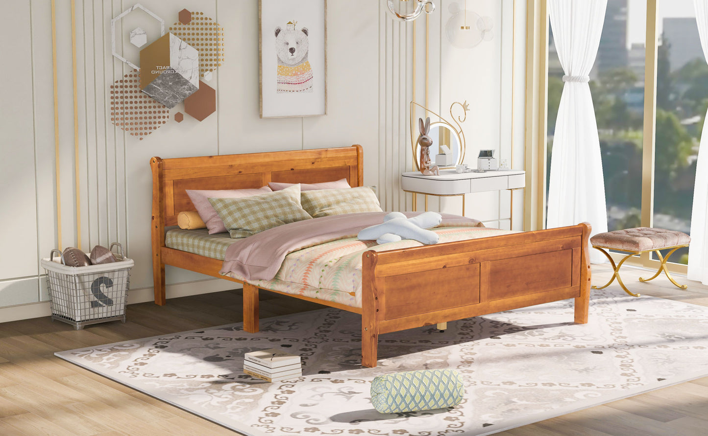 Queen Size Wood Platform Bed with Headboard and Wooden Slat Support