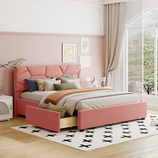 Queen Size Upholstered Platform Bed with Brick Pattern Headboard and 4 Drawers, Linen Fabric, Pink