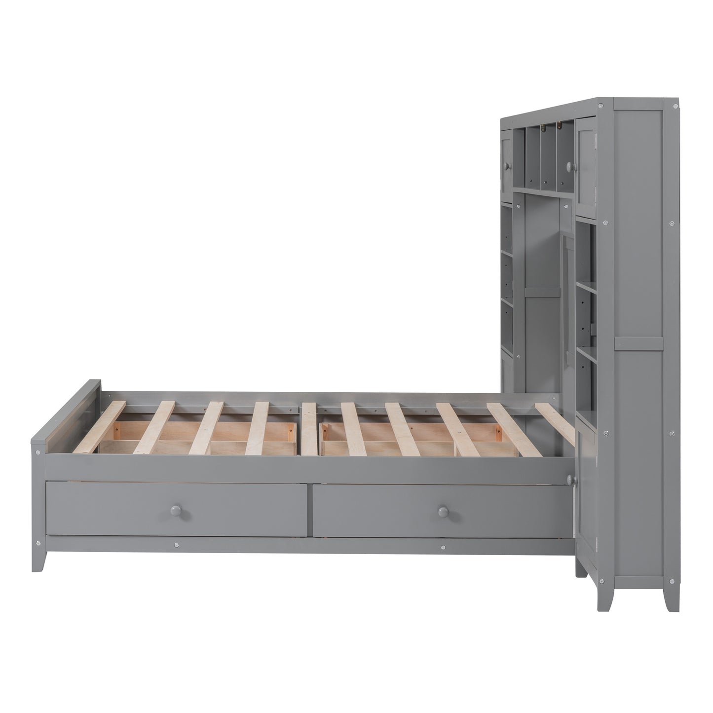 Full Size Wooden Bed With All-in-One Cabinet and Shelf