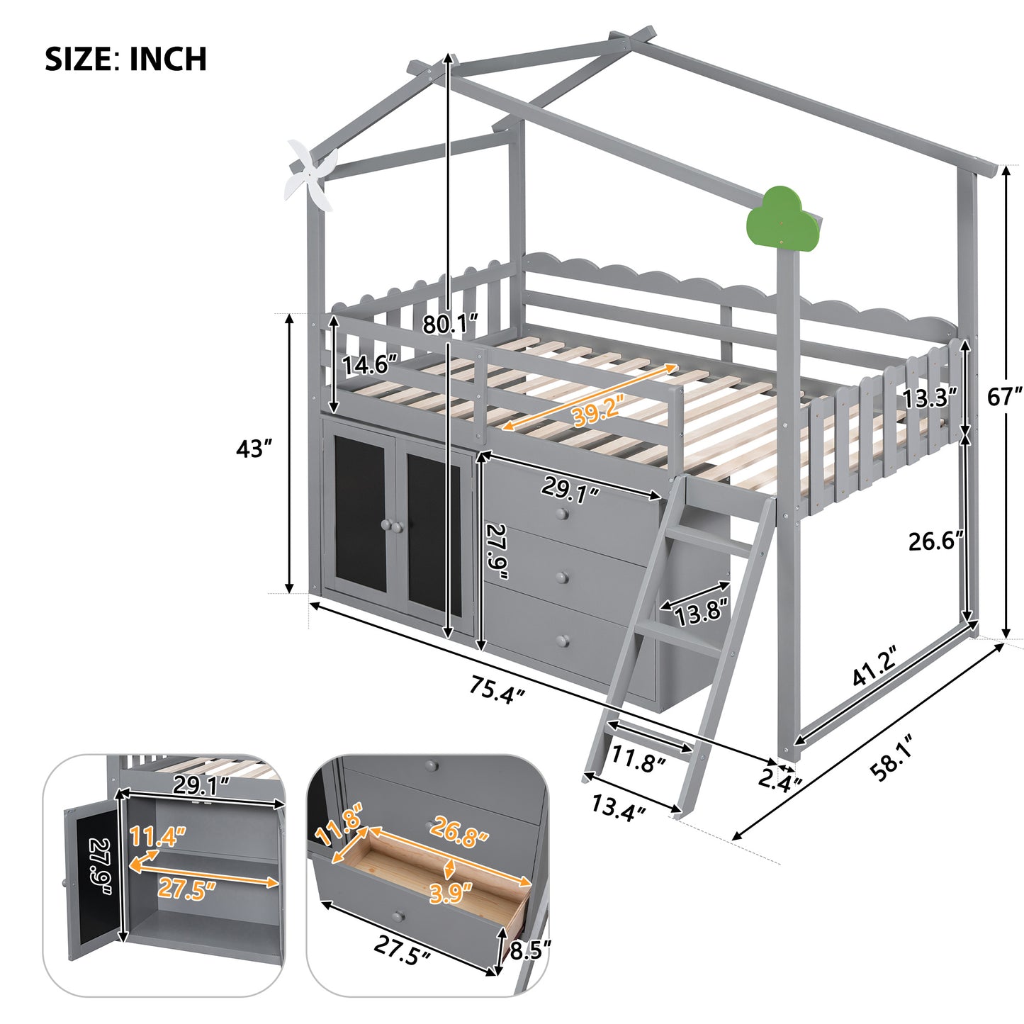 Twin Size House Bed With Cabinet and Drawers