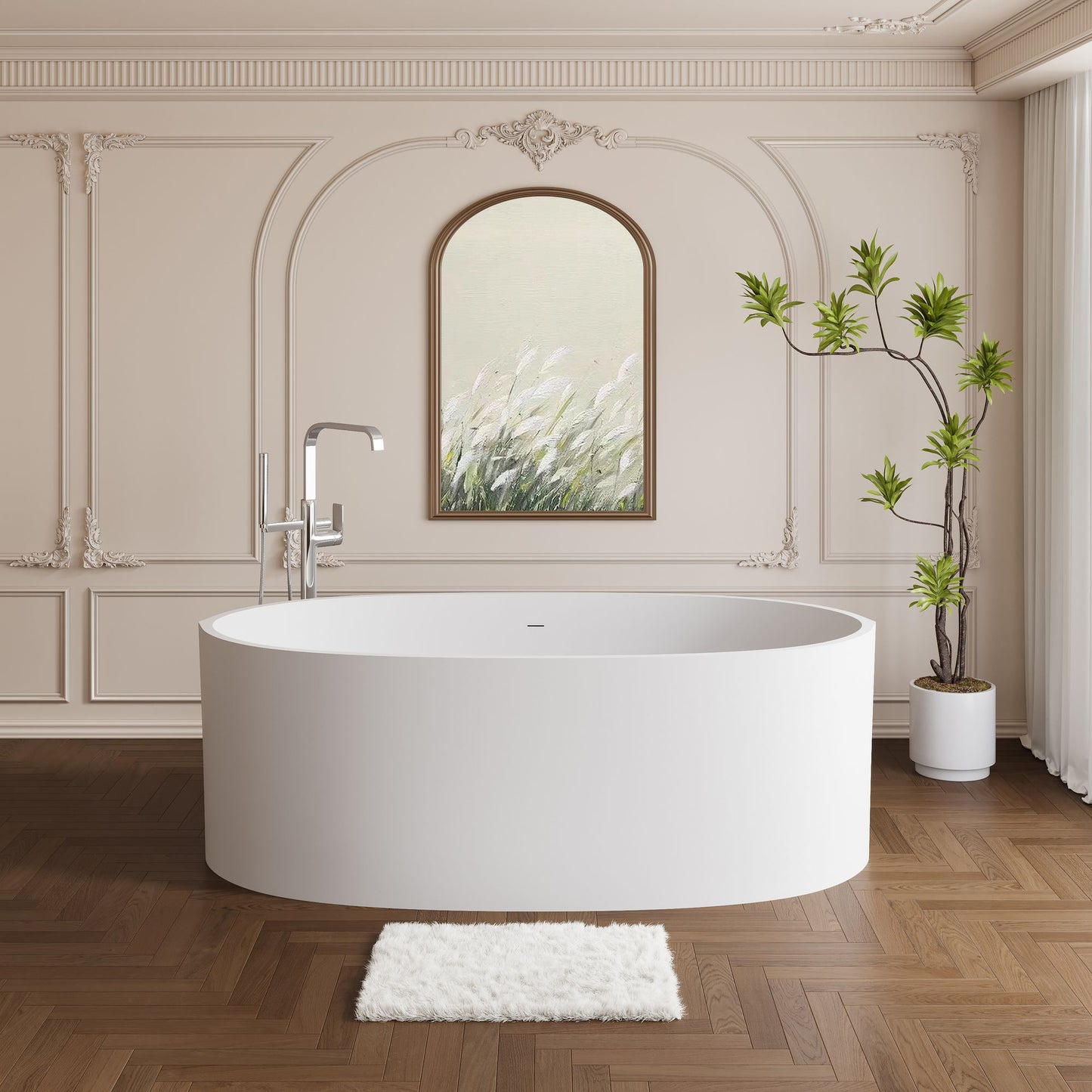 65" Freestanding Stone Resin Oval Soaking Tub with Overflow and Pop-up Drain in Matte White 24S08-65MW