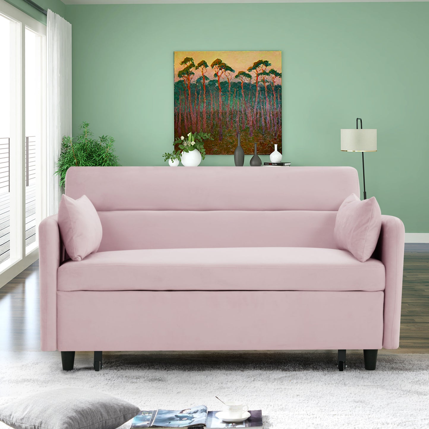 Sofa pull-out bed includes two pillows 54 "pink velvet sofa with small space