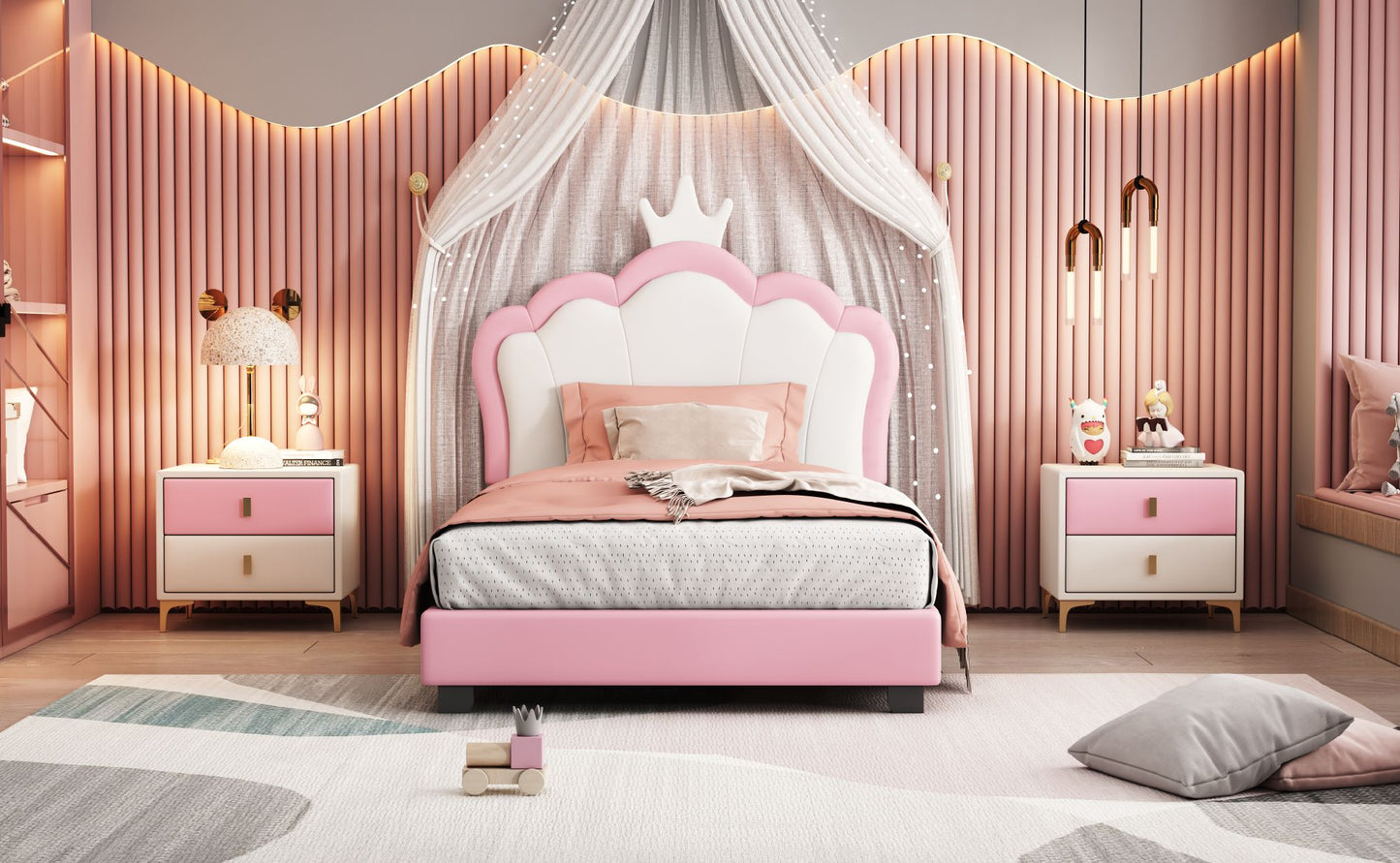 Twin size Upholstered Princess Bed With Crown Headboard,Full Size Platform Bed with Headboard and Footboard,White+Pink