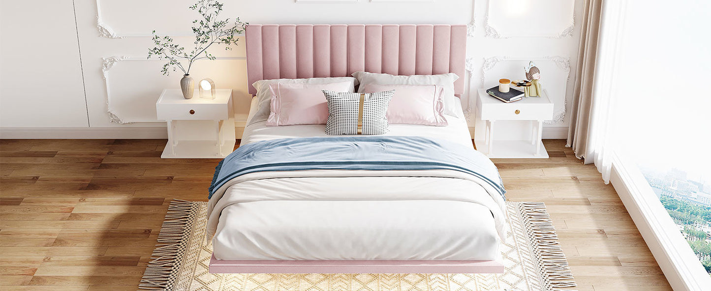 Queen Size Upholstered Bed with Sensor Light and Headboard, Floating Velvet Platform Bed, Pink