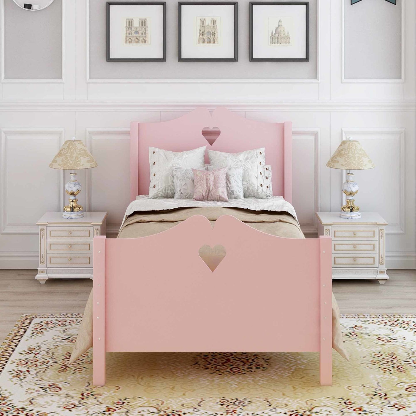 Twin Size Wood Platform Bed with Headboard; Footboard and Wood Slat Support (Pink)