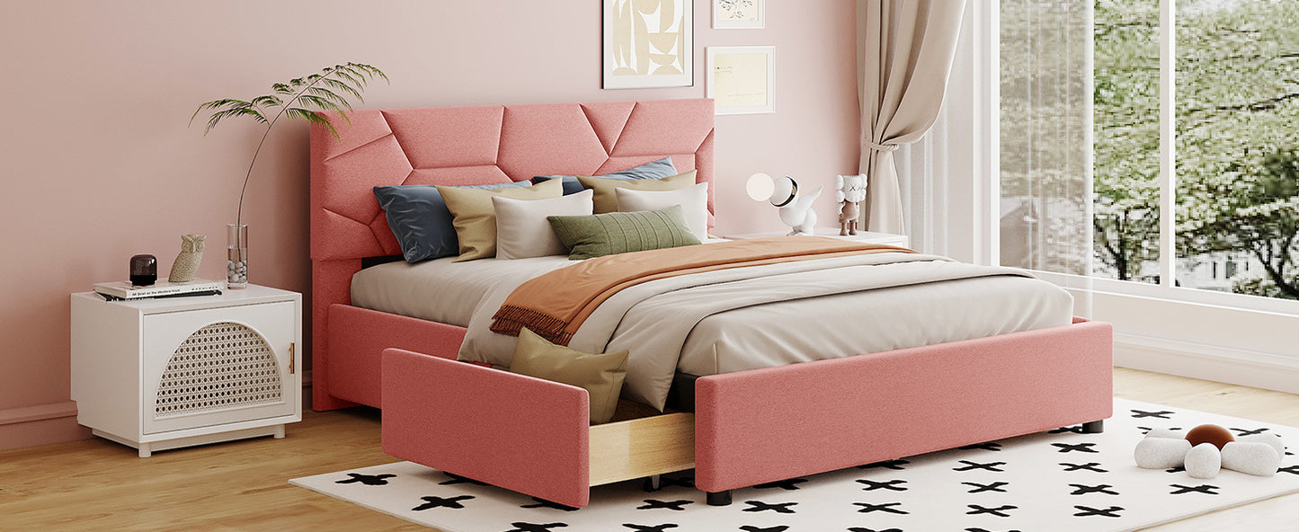 Queen Size Upholstered Platform Bed with Brick Pattern Headboard and 4 Drawers, Linen Fabric, Pink