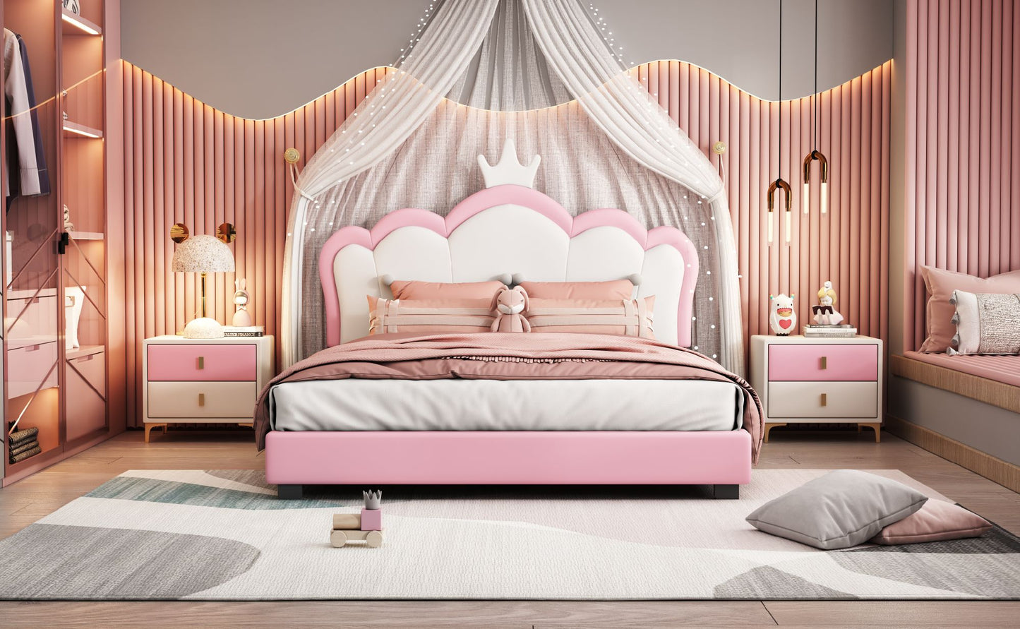 Full size Upholstered Princess Bed With Crown Headboard,Full Size Platform Bed with Headboard and Footboard,White+Pink